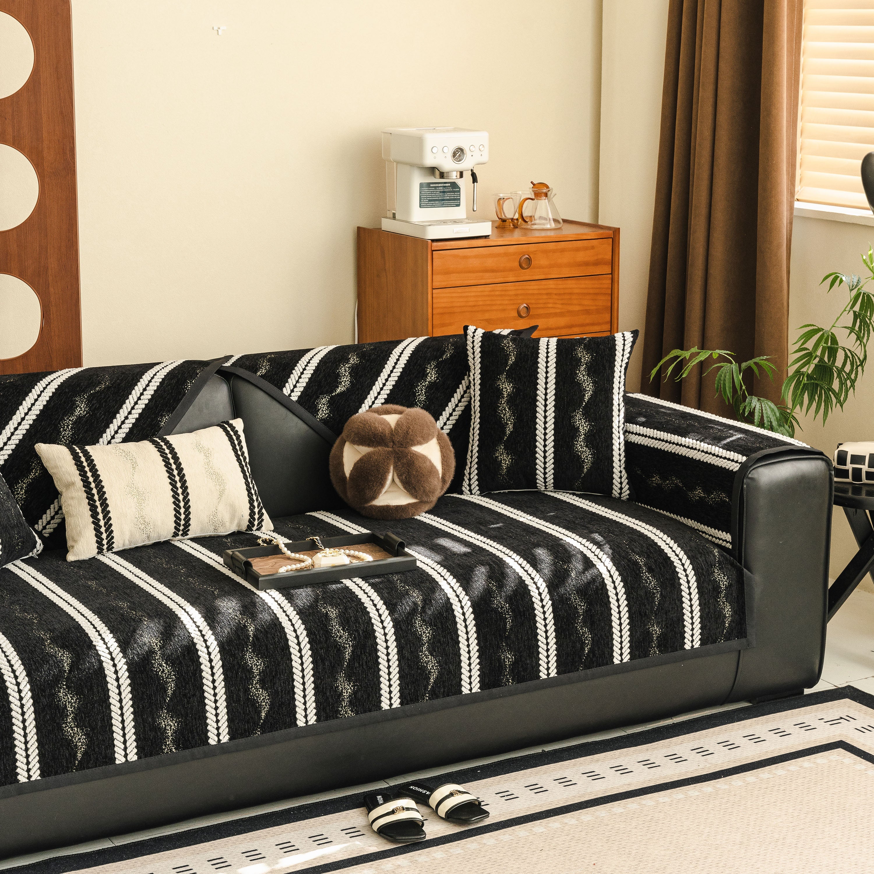 Non-Slip Sofa Cover with Thick Chenille Texture Woven Stripe Couch Protector Throw