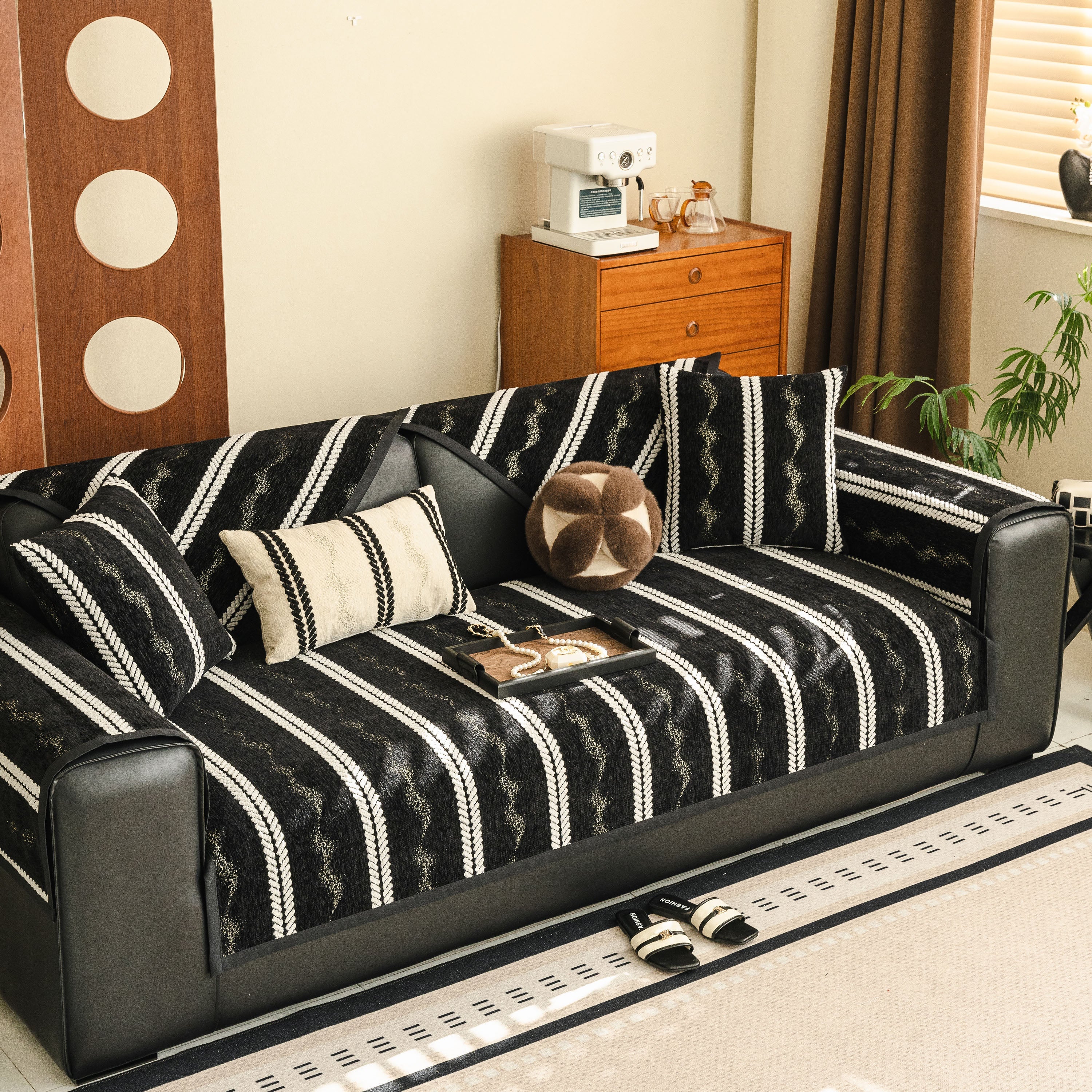 Non-Slip Sofa Cover with Thick Chenille Texture Woven Stripe Couch Protector Throw