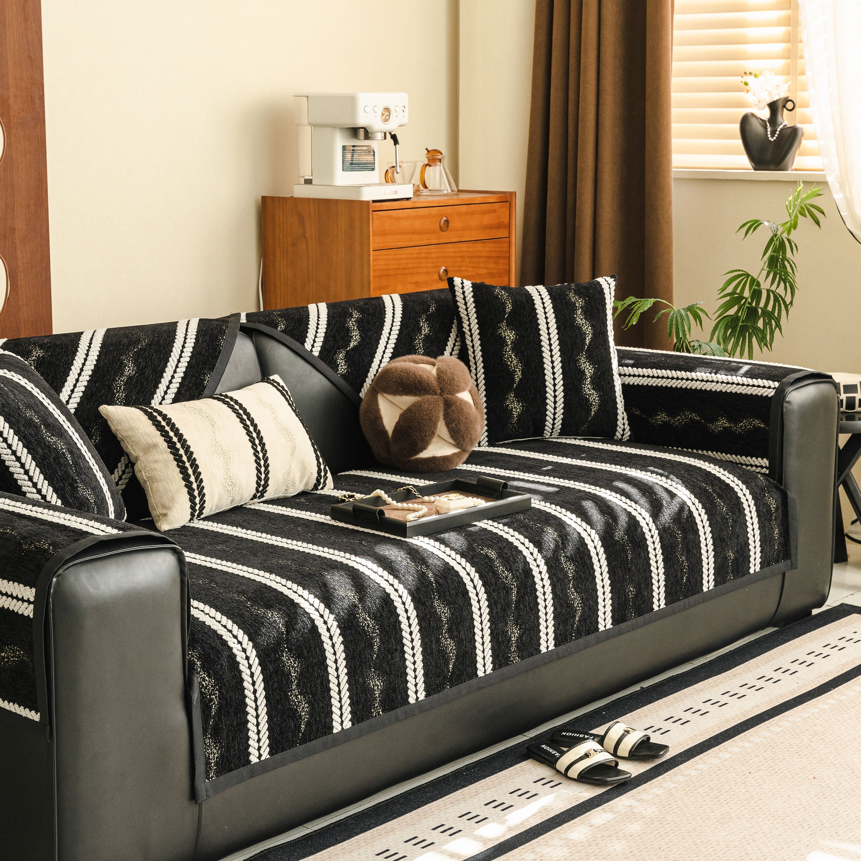 Non-Slip Sofa Cover with Thick Chenille Texture Woven Stripe Couch Protector Throw