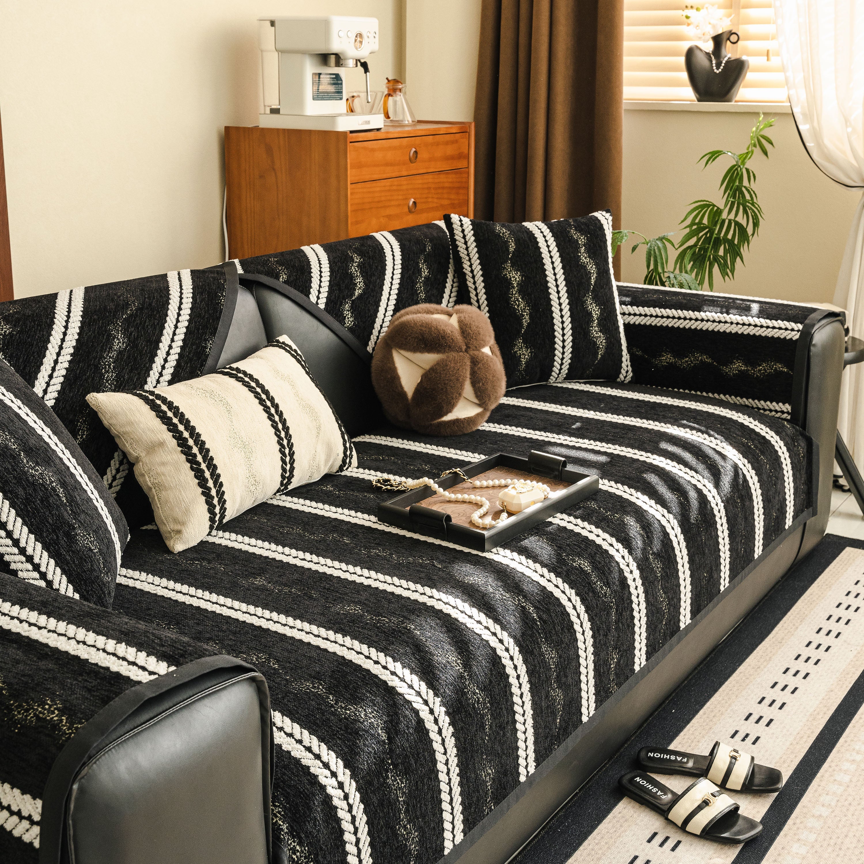Non-Slip Sofa Cover with Thick Chenille Texture Woven Stripe Couch Protector Throw