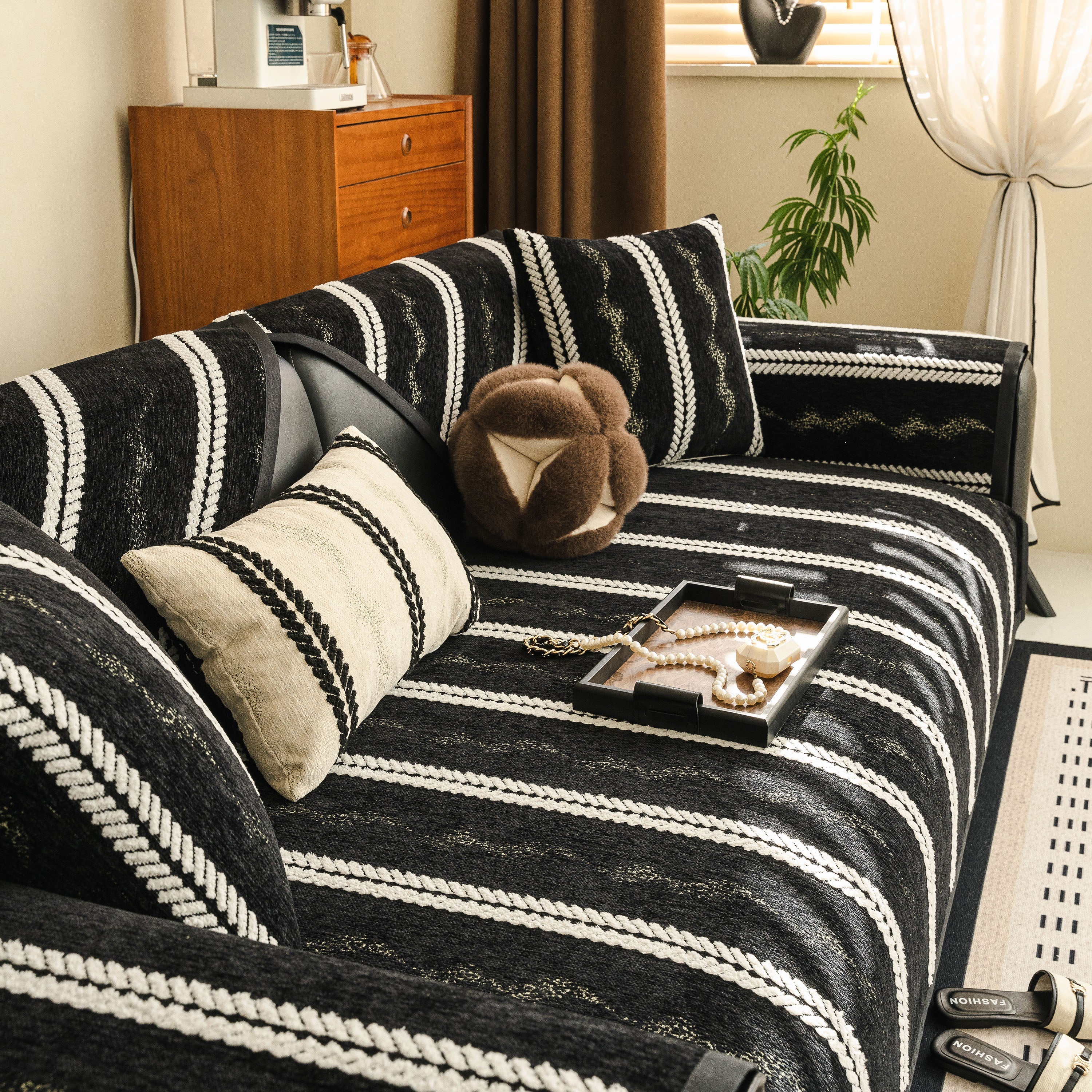 Non-Slip Sofa Cover with Thick Chenille Texture Woven Stripe Couch Protector Throw