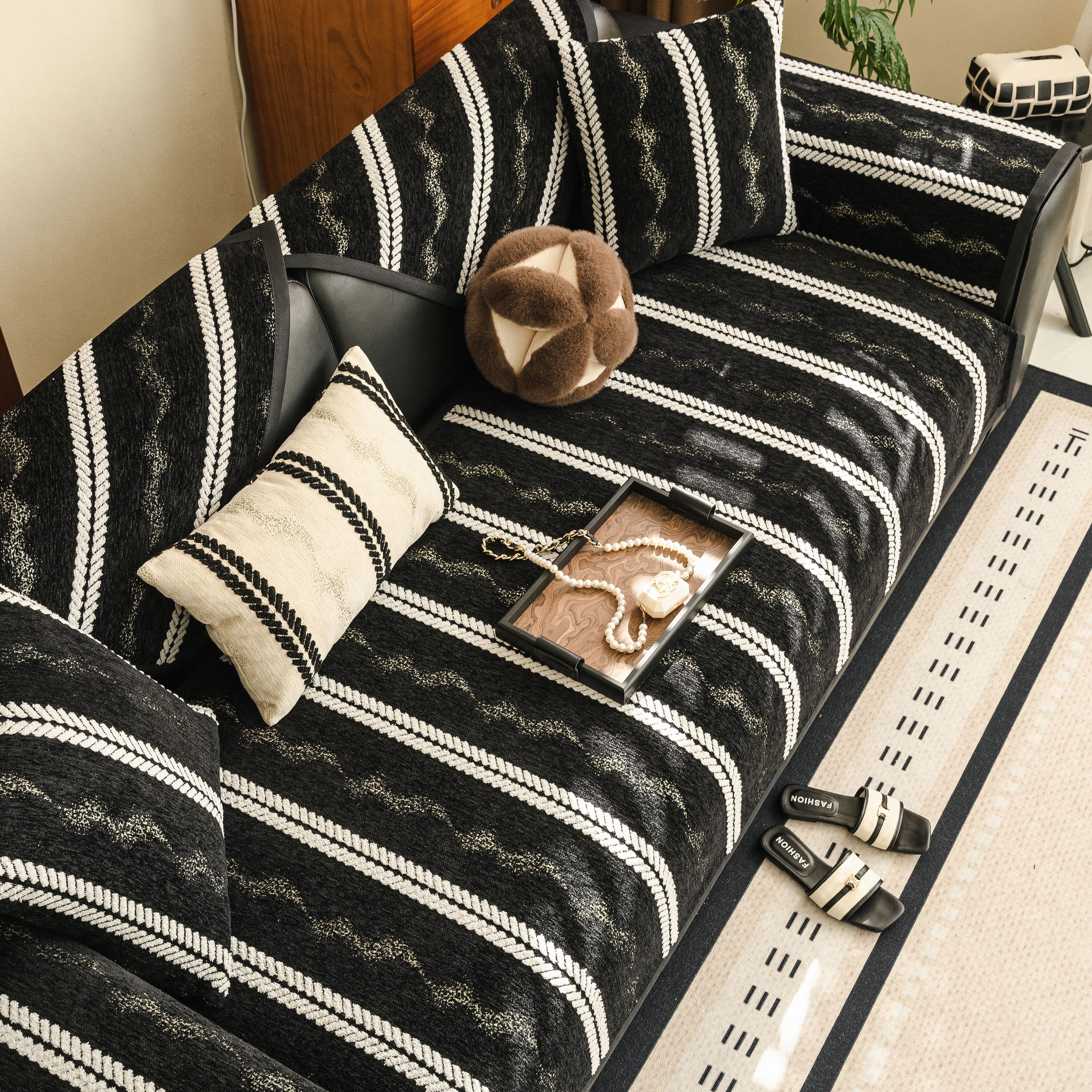 Non-Slip Sofa Cover with Thick Chenille Texture Woven Stripe Couch Protector Throw