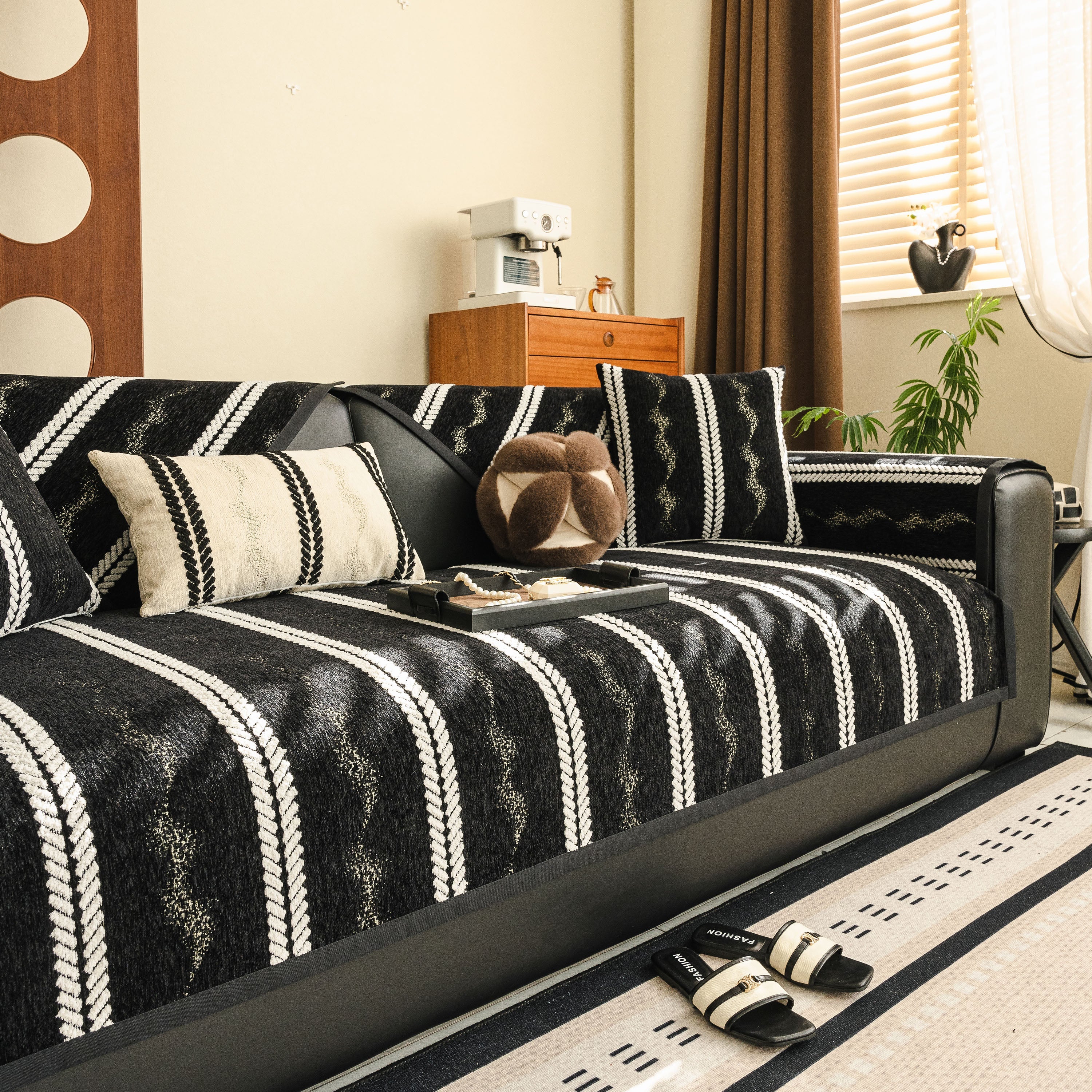 Non-Slip Sofa Cover with Thick Chenille Texture Woven Stripe Couch Protector Throw