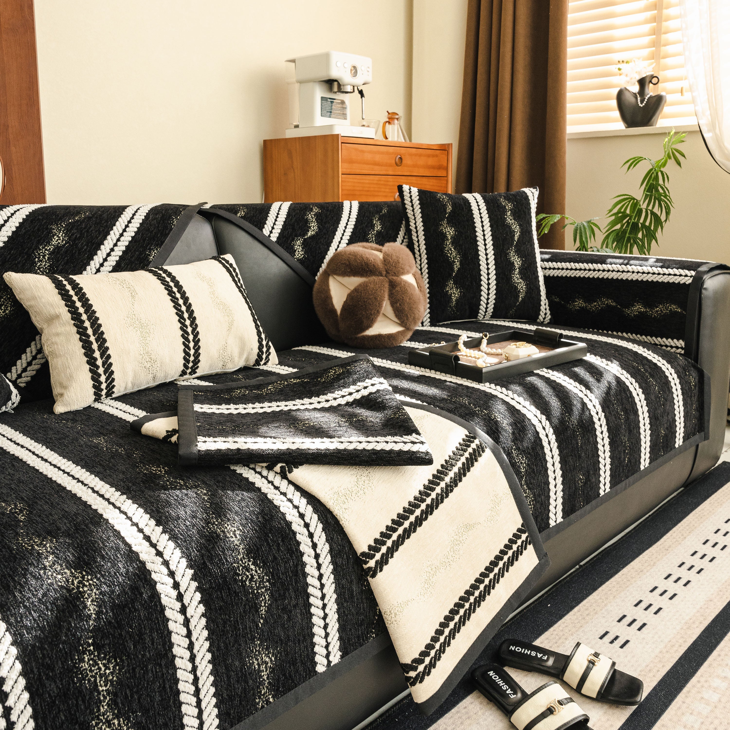 Non-Slip Sofa Cover with Thick Chenille Texture Woven Stripe Couch Protector Throw
