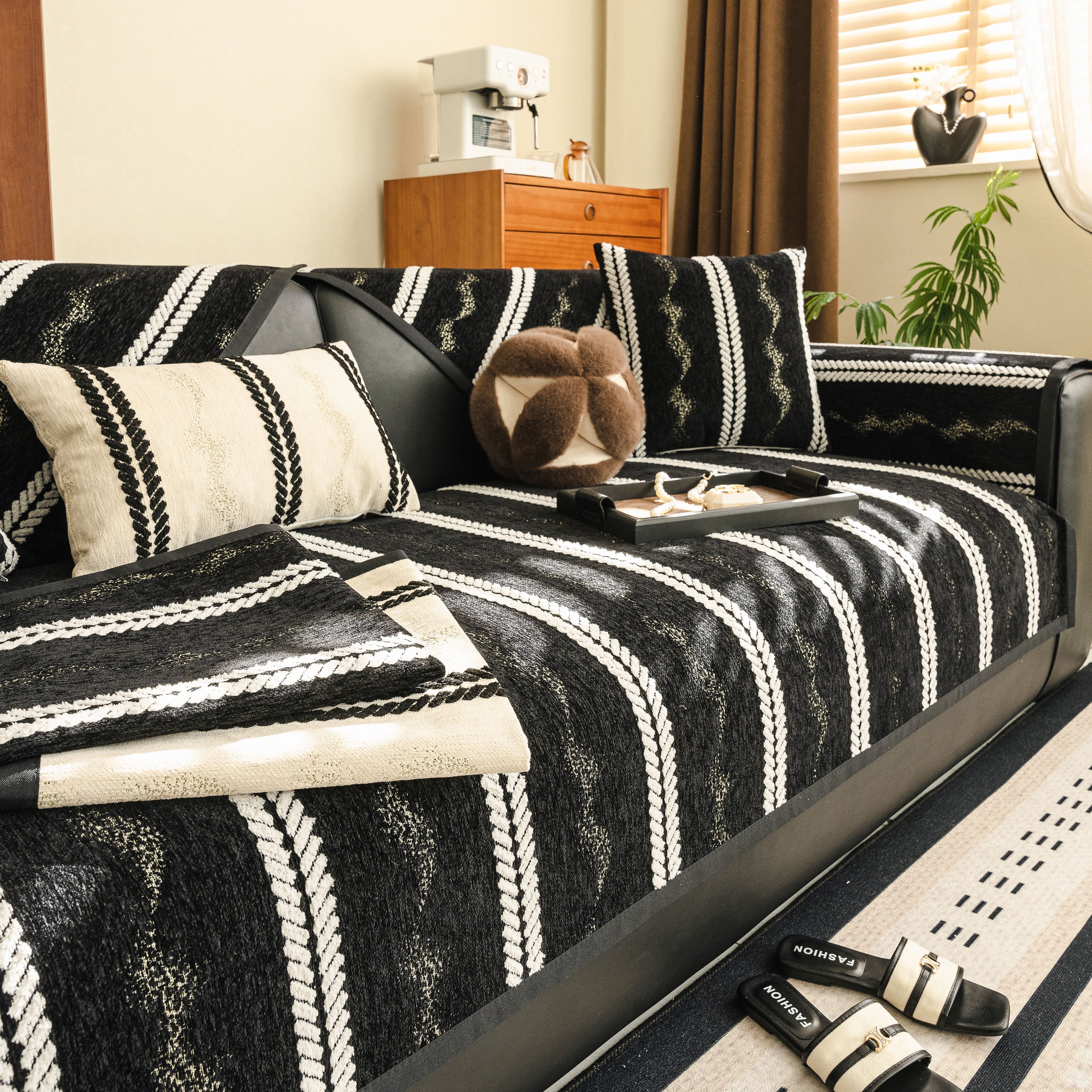 Non-Slip Sofa Cover with Thick Chenille Texture Woven Stripe Couch Protector Throw