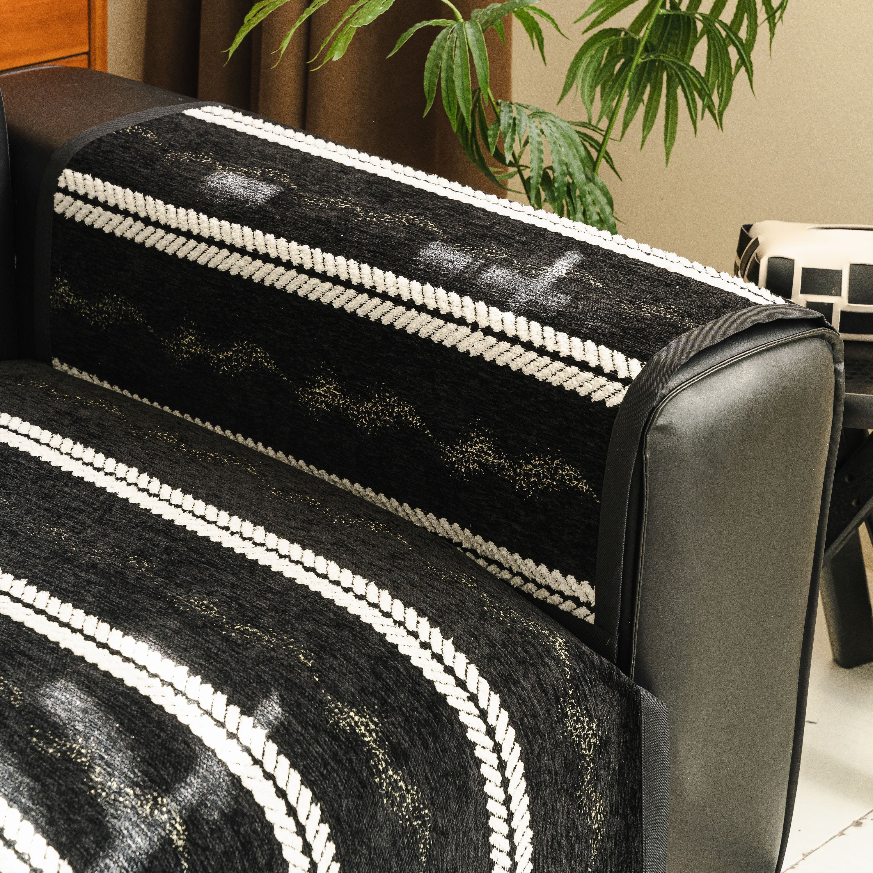 Non-Slip Sofa Cover with Thick Chenille Texture Woven Stripe Couch Protector Throw