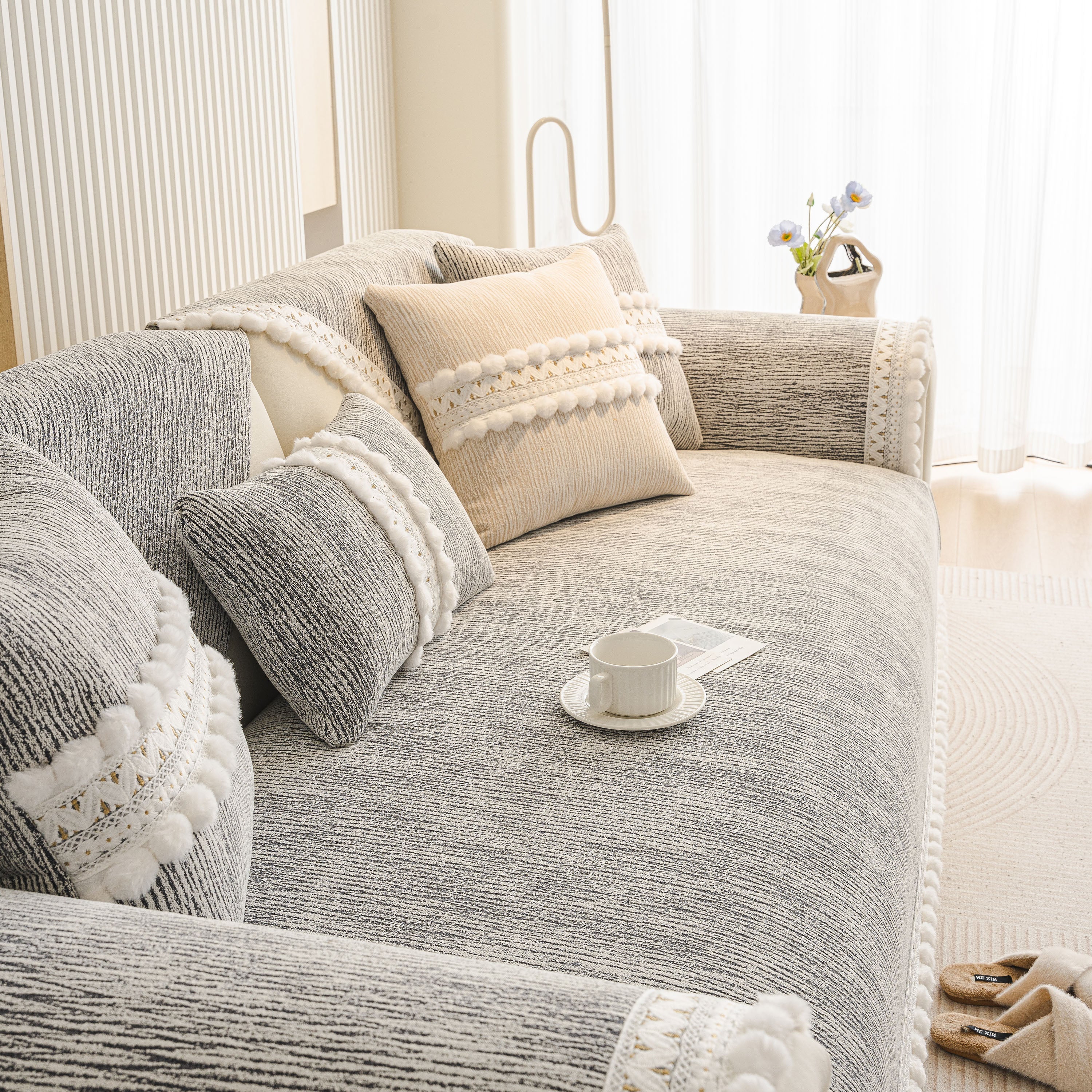 Soft Chenille Sectional Sofa Cover with Pom Pom Trim – Non-Slip Couch Protector