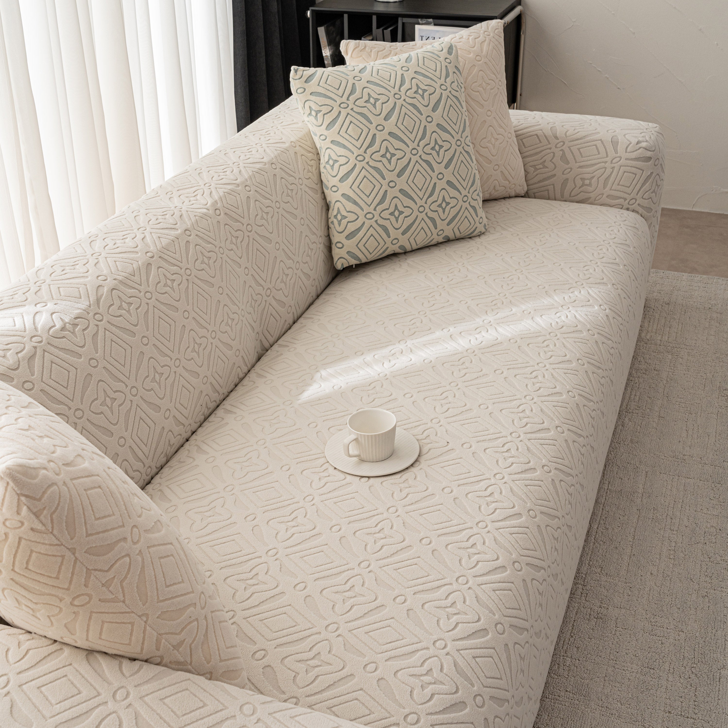 3D Jacquard Geometric Sofa Cover, High Stretch Soft Polar Fleece Slipcover for Couch