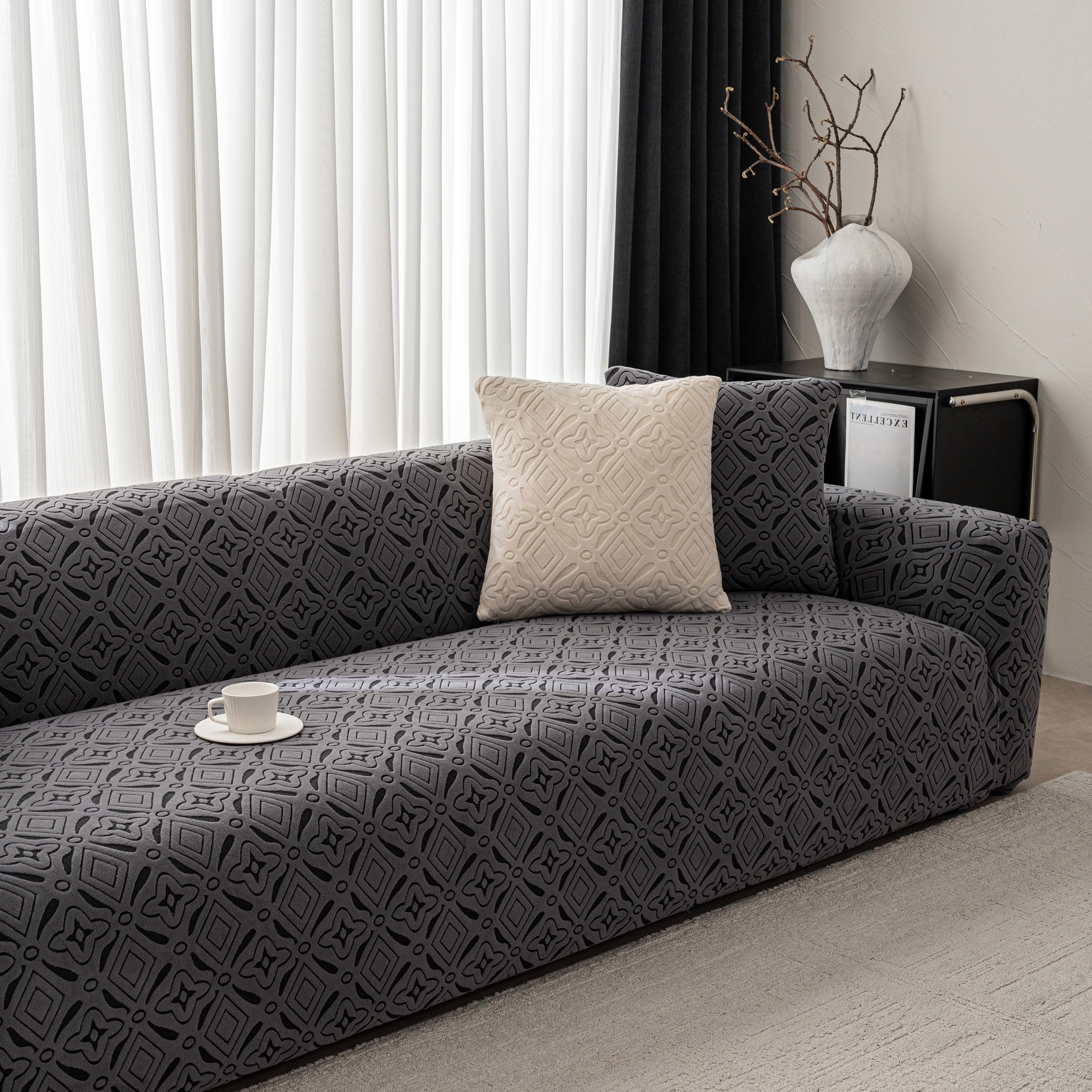 3D Jacquard Geometric Sofa Cover, High Stretch Soft Polar Fleece Slipcover for Couch