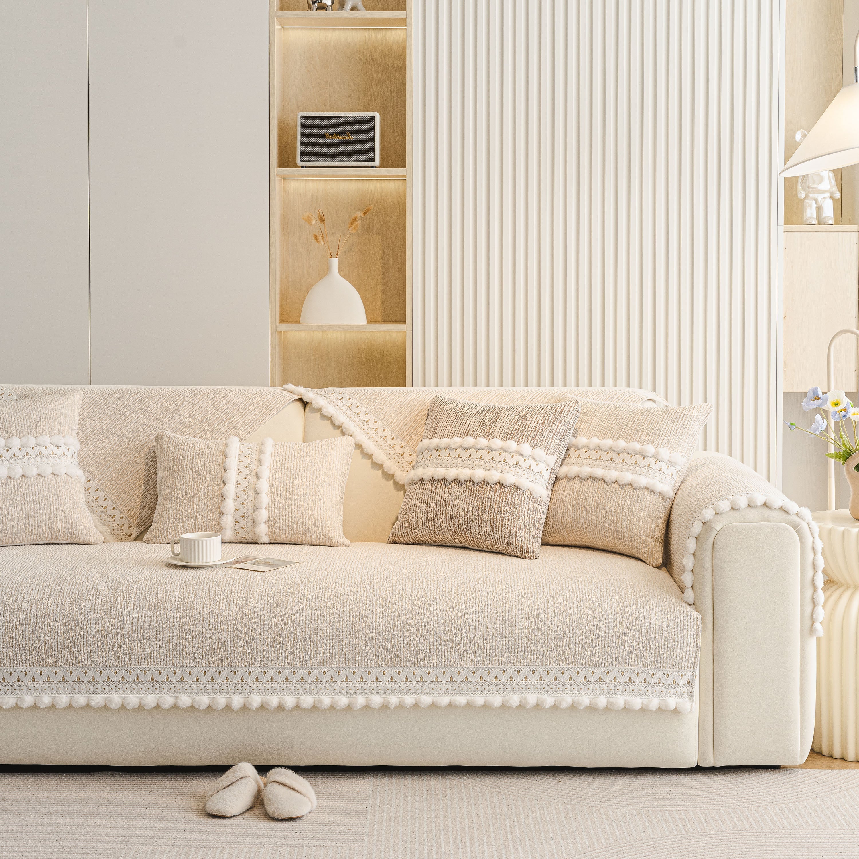 Soft Chenille Sectional Sofa Cover with Pom Pom Trim – Non-Slip Couch Protector