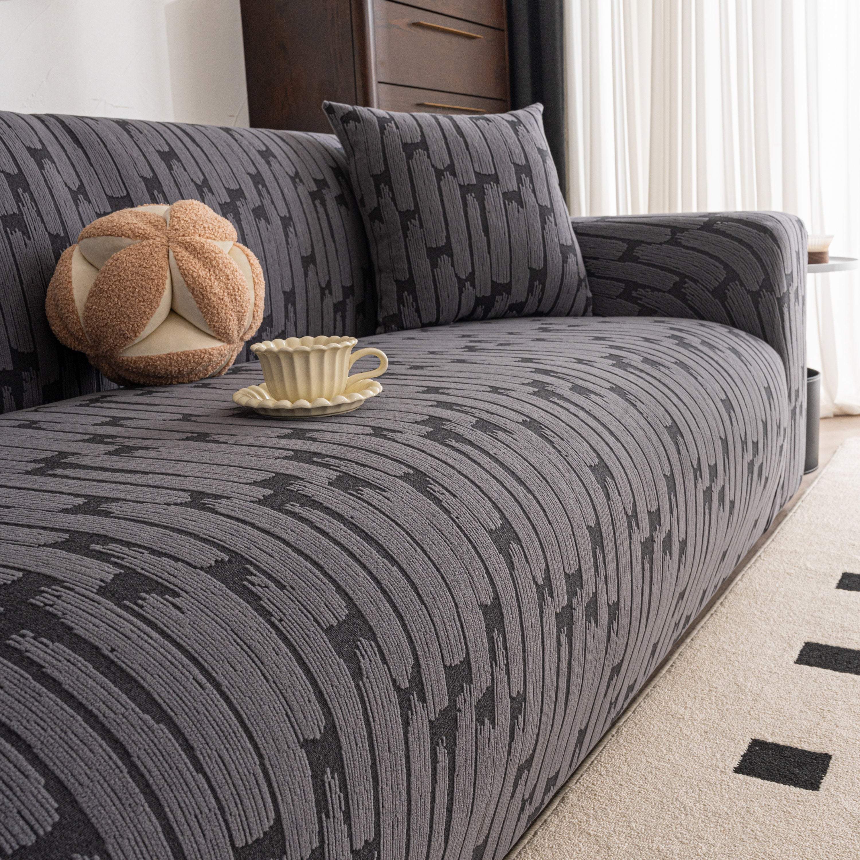 Plush Fleece Stretch Sofa Cover, Super Soft Textured Geometric Couch Slipcover