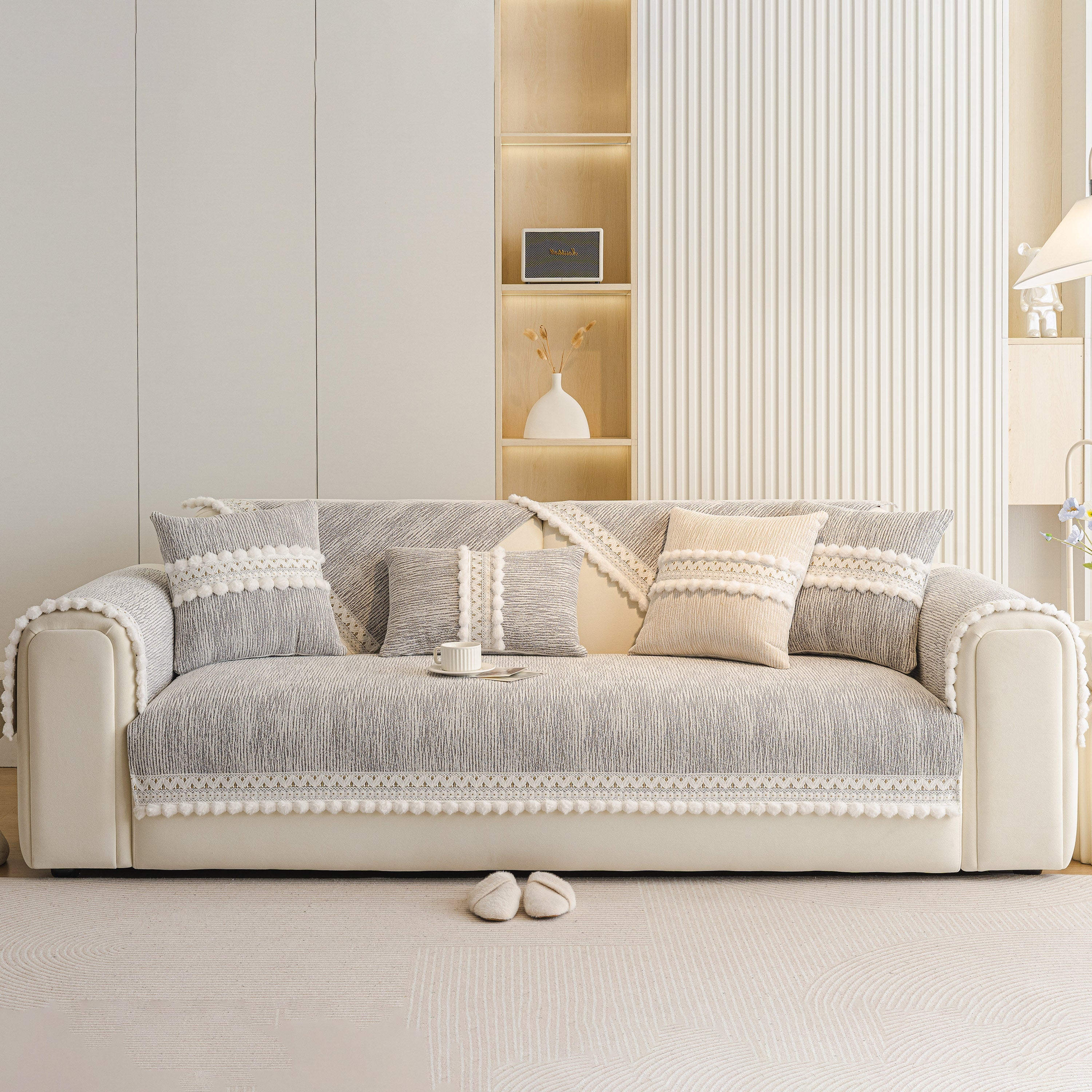 Soft Chenille Sectional Sofa Cover with Pom Pom Trim – Non-Slip Couch Protector