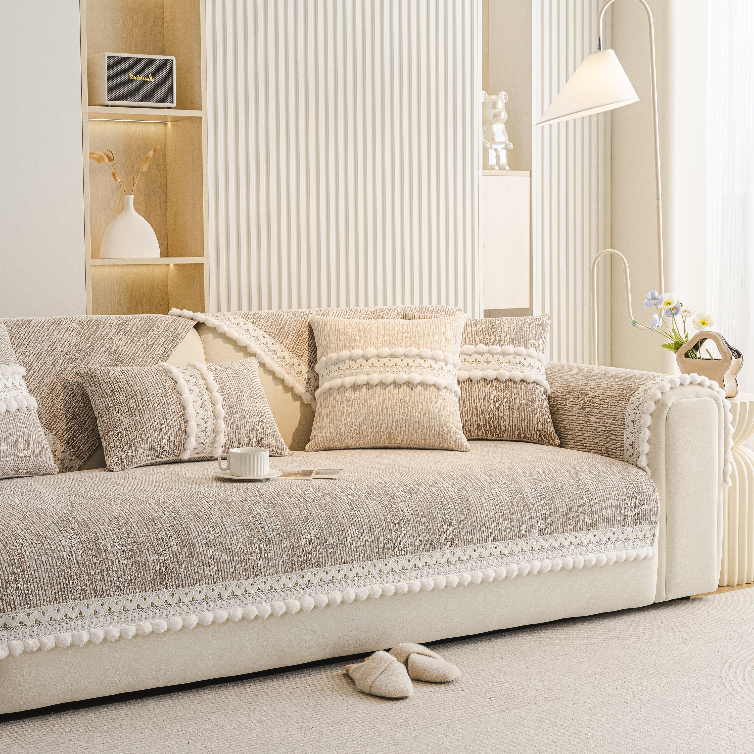 Soft Chenille Sectional Sofa Cover with Pom Pom Trim – Non-Slip Couch Protector
