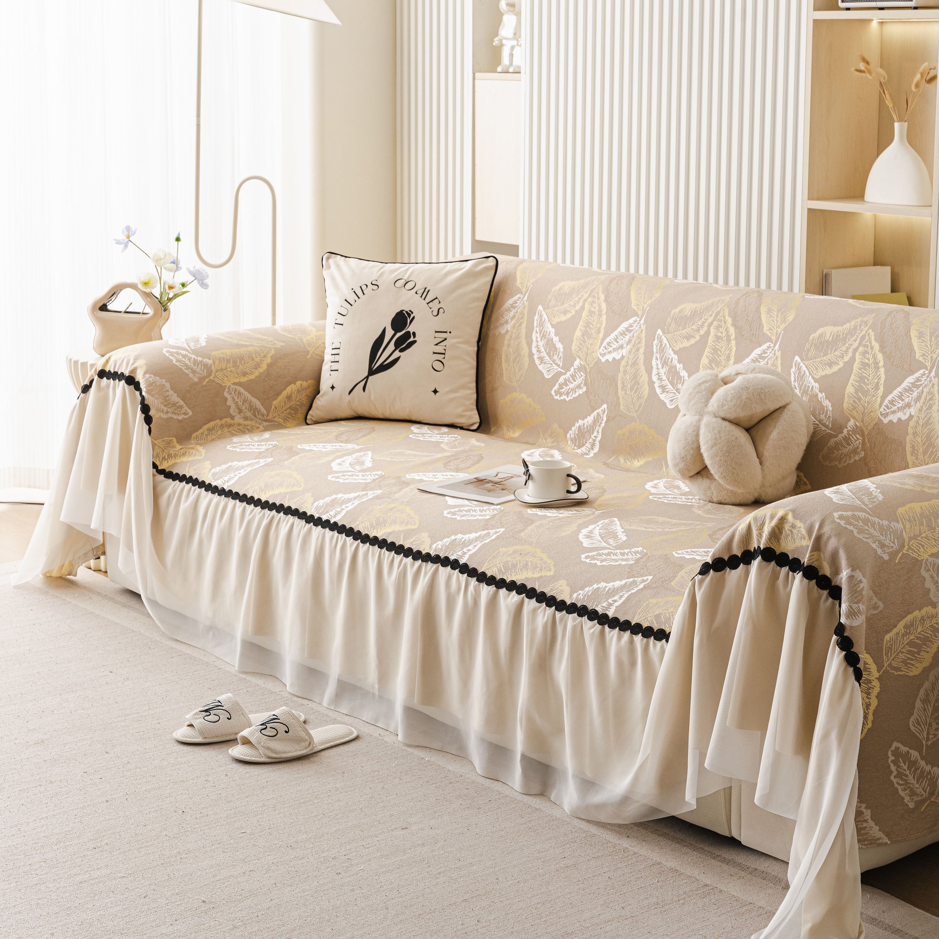 Leaf Jacquard Sofa Cover with Ruffle Skirt – Non-Slip Couch Protector with Sheer Hem