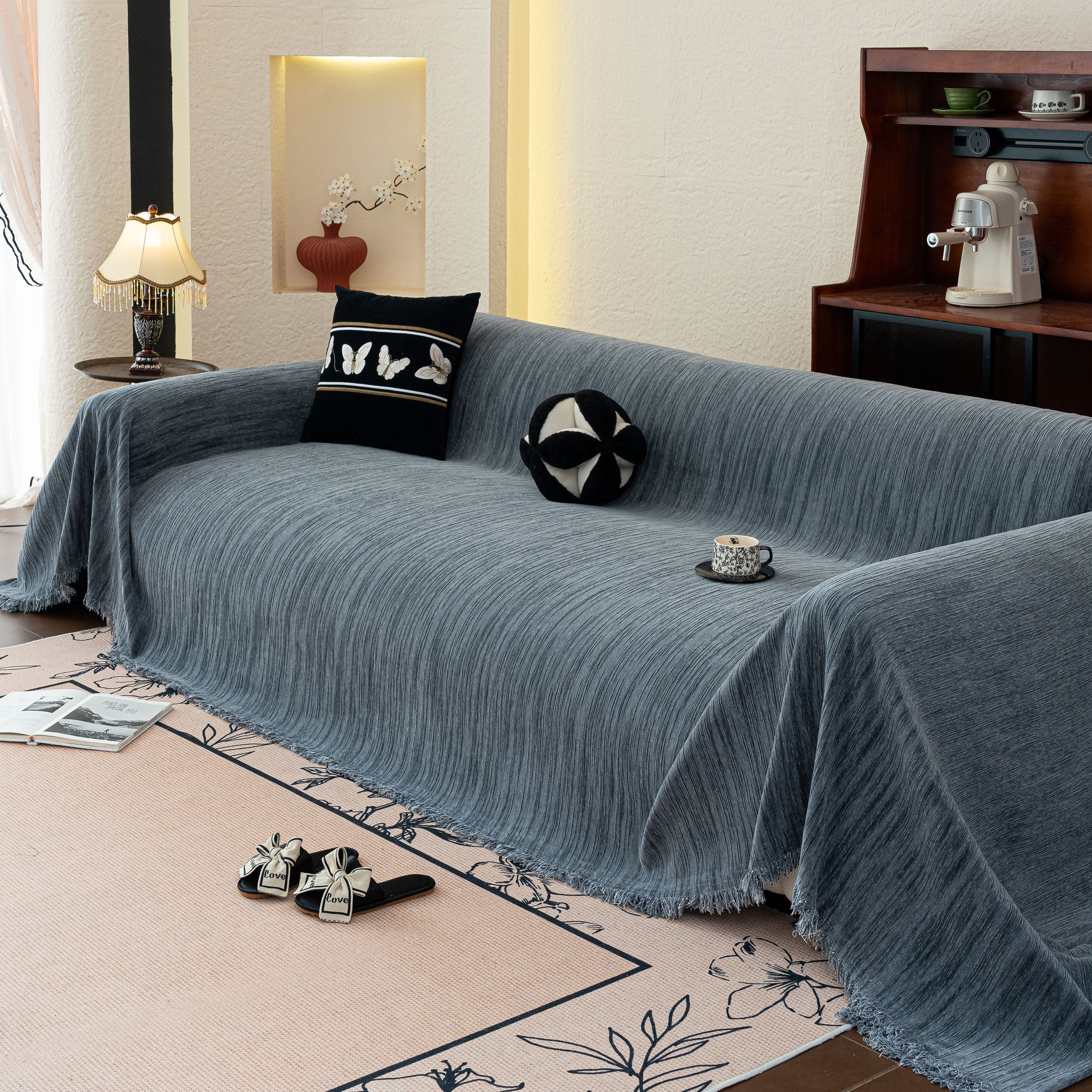 Washable Textured Sofa Cover Throw for Pets, Dogs Furniture Protector with Tassels