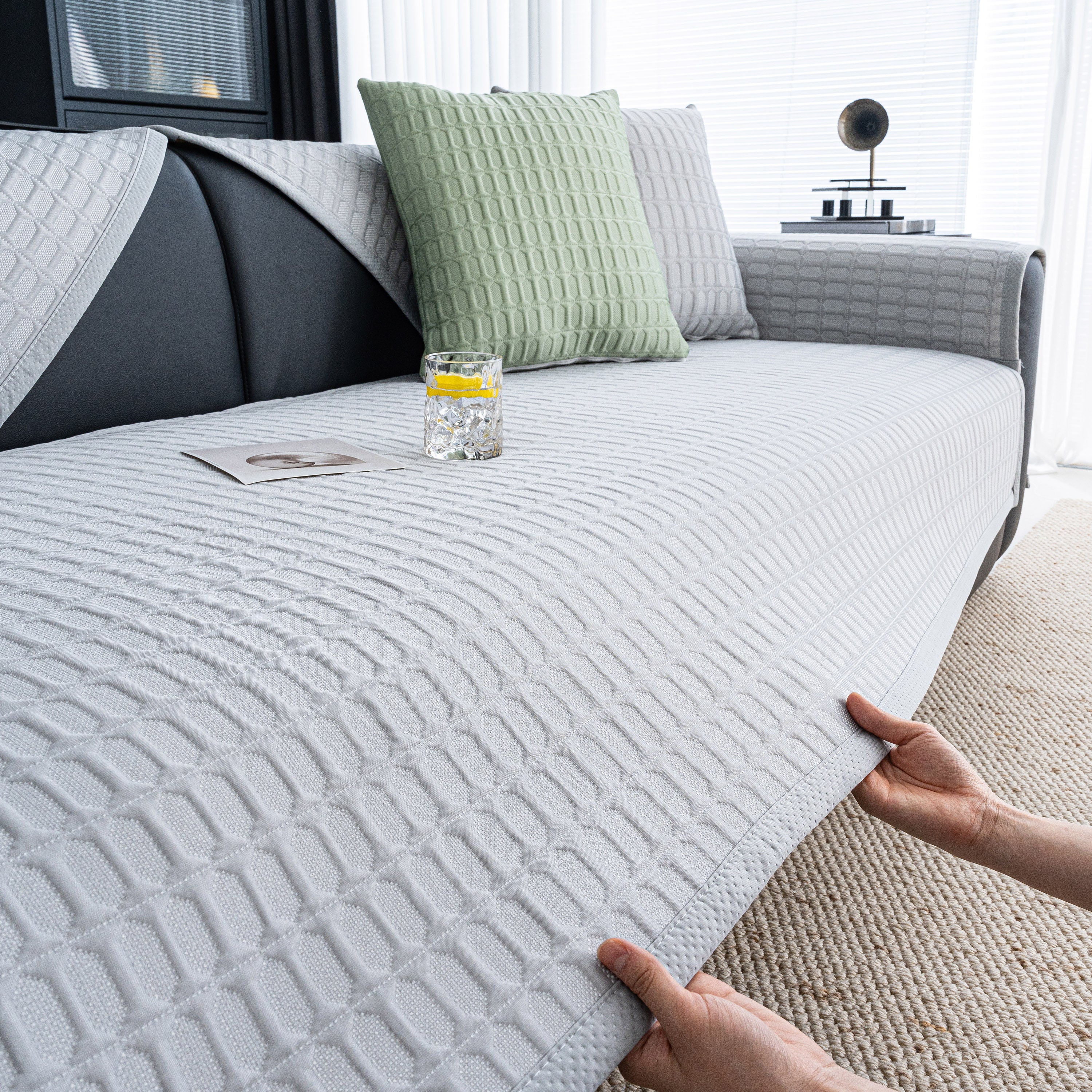 Geometric Textured Couch Slipcover Protector Non-Slip Ice Silk Sofa Cover for Couch