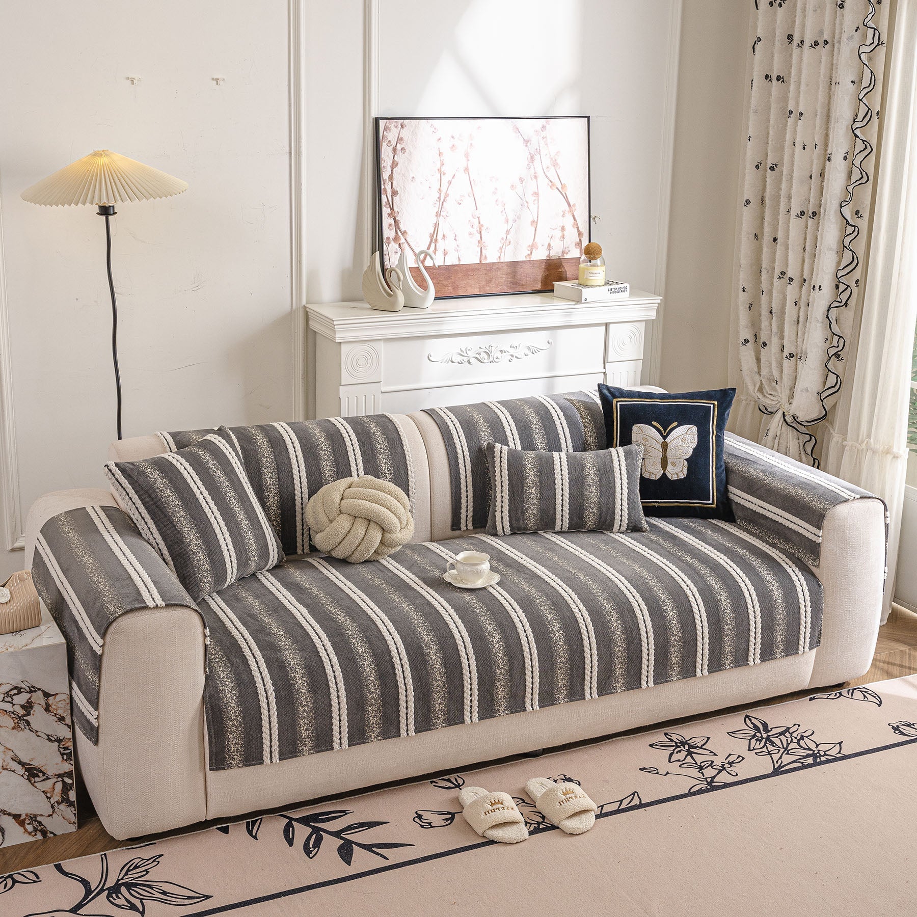 Tufted Stripe Sofa Protector Cover, Textured Non-Slip Couch Cover for Pets & Kids