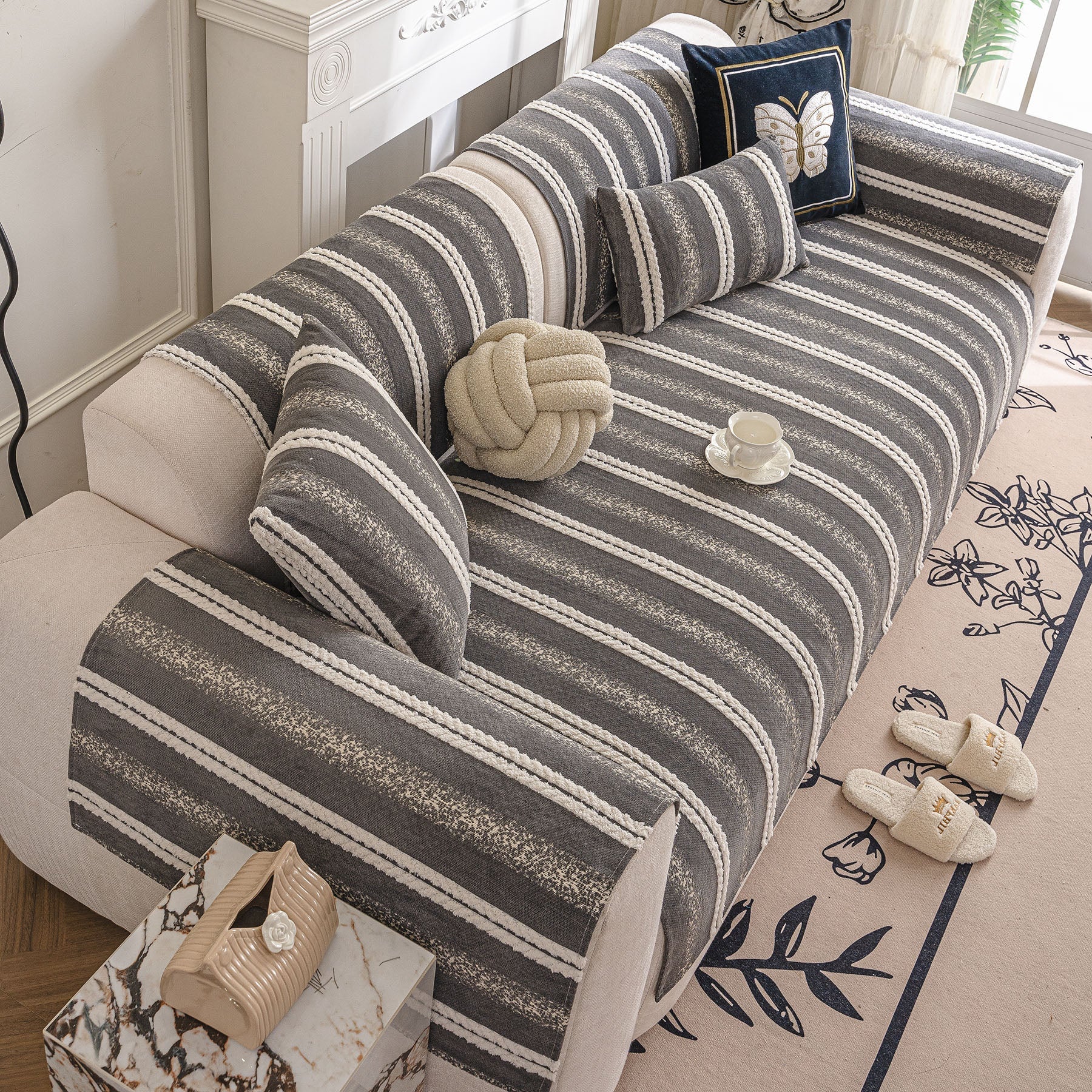 Tufted Stripe Sofa Protector Cover, Textured Non-Slip Couch Cover for Pets & Kids