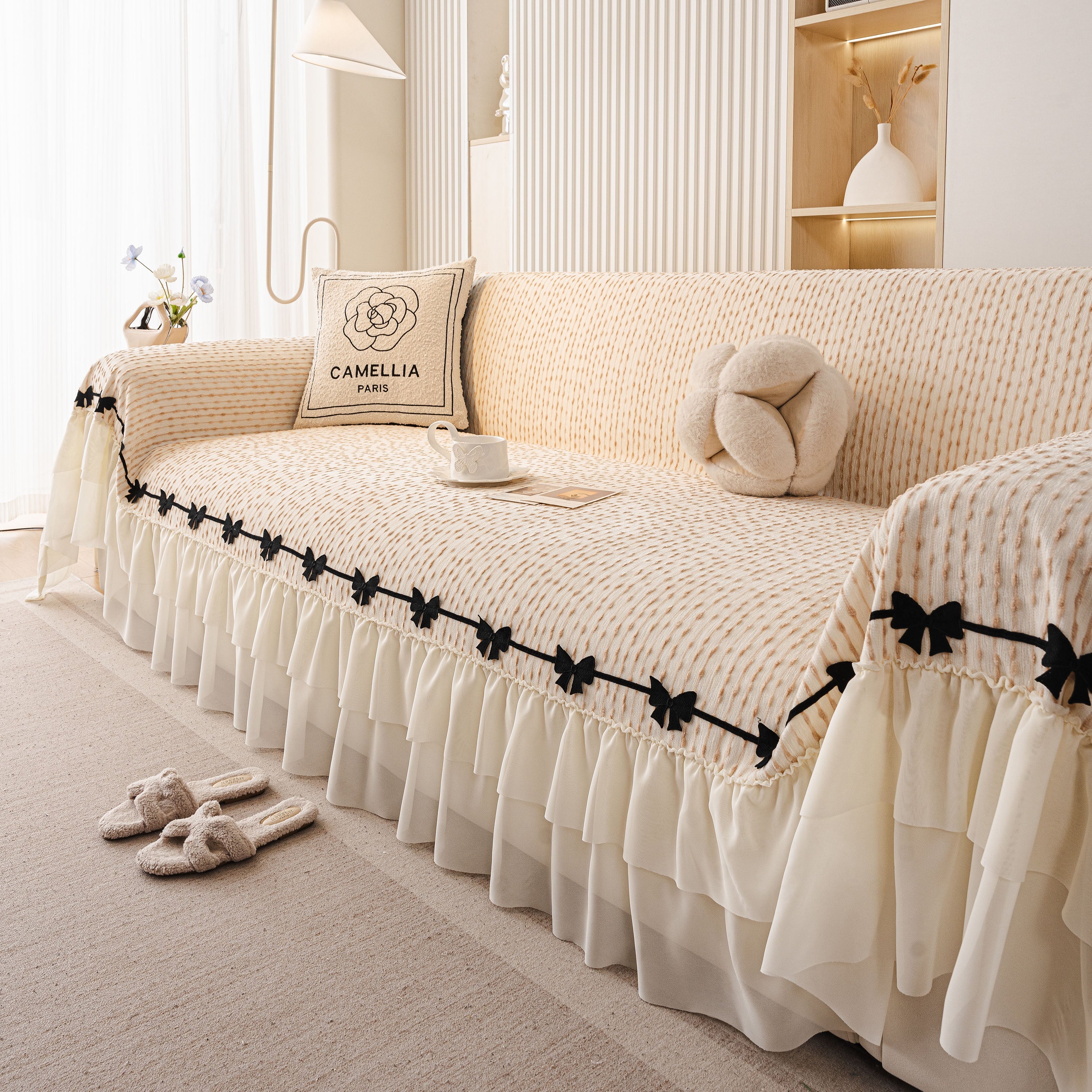 Ruffled Sofa Cover with Bowknot Decor, French Country Style Skirted Couch Slipcover