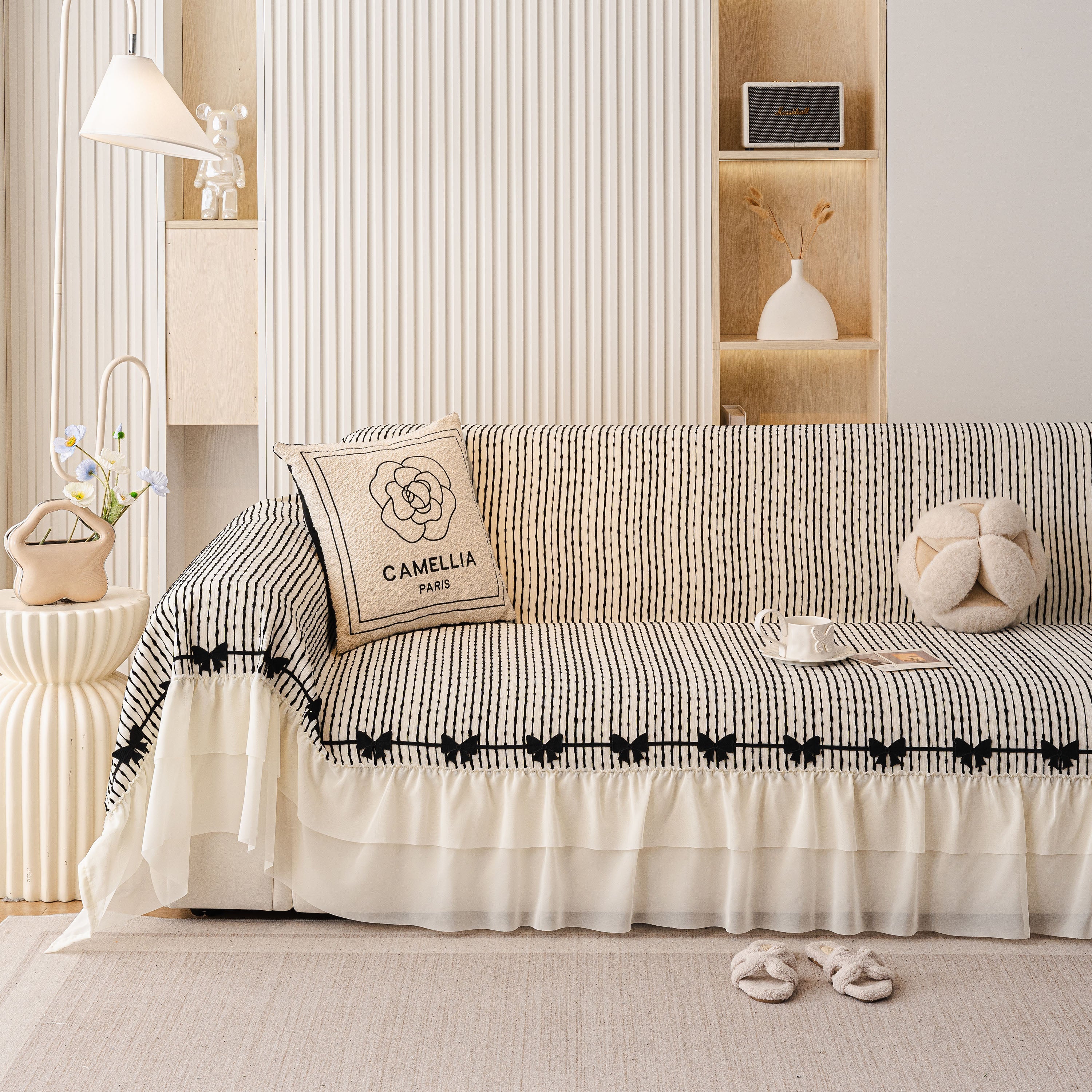 Ruffled Sofa Cover with Bowknot Decor, French Country Style Skirted Couch Slipcover