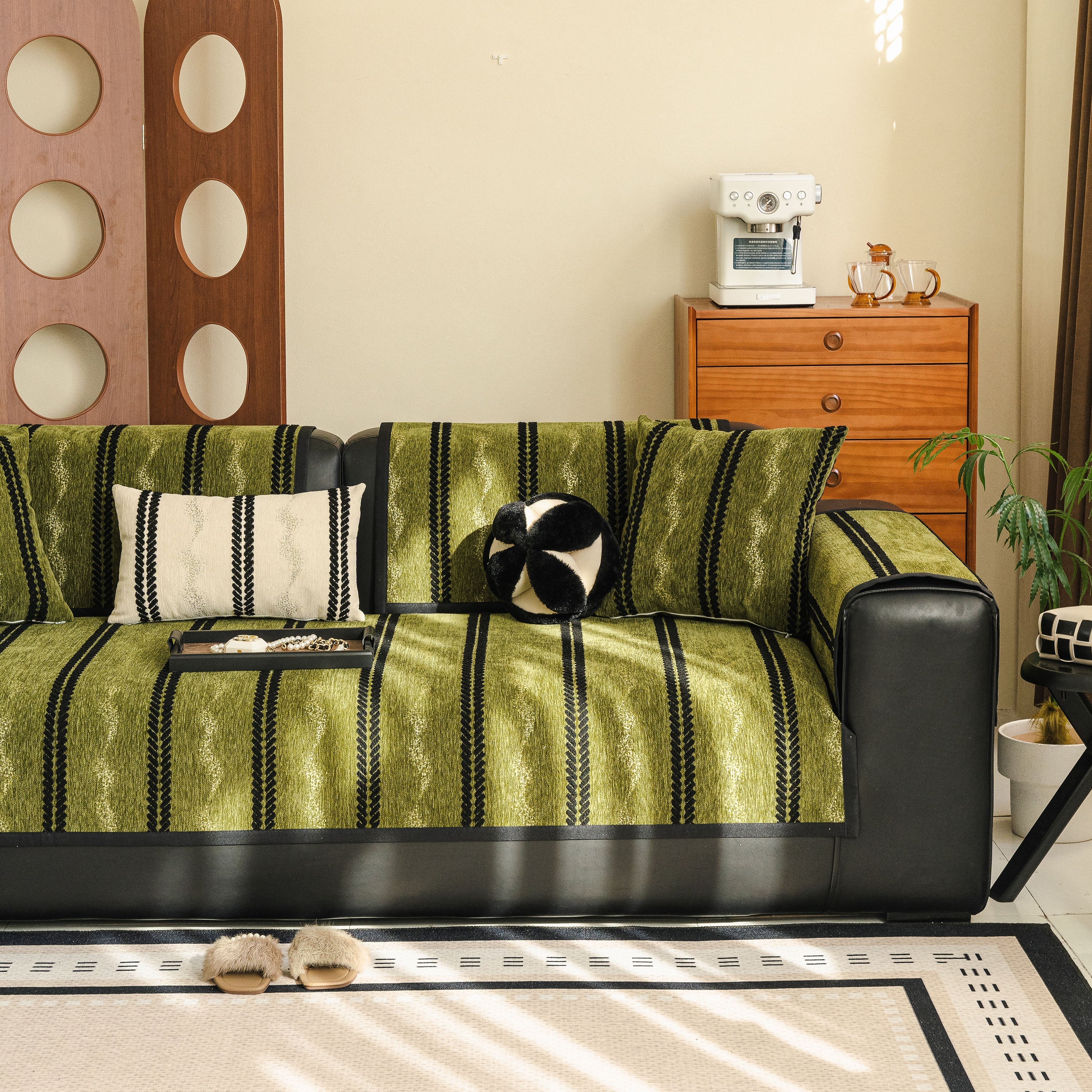 Non-Slip Sofa Cover with Thick Chenille Texture Woven Stripe Couch Protector Throw