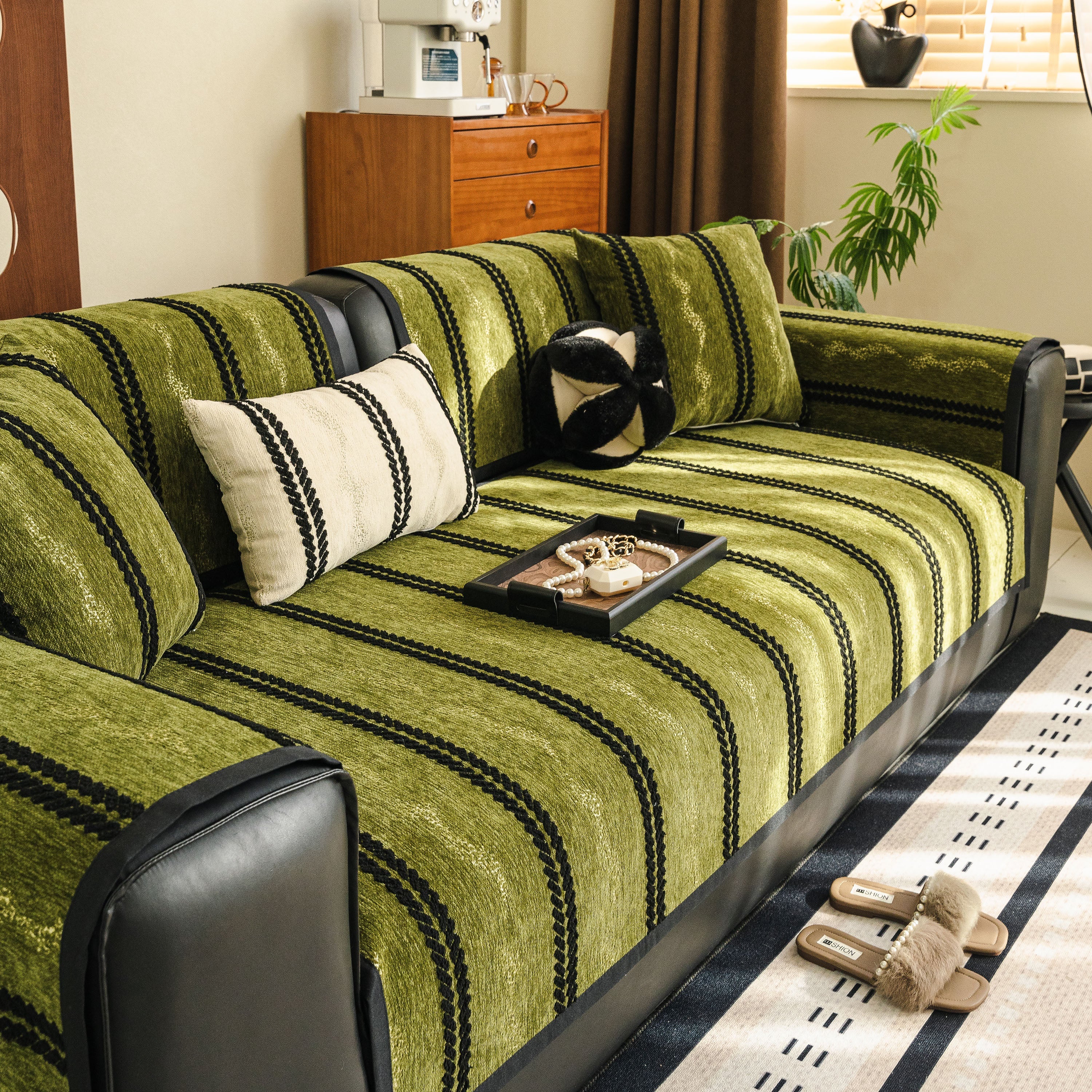 Non-Slip Sofa Cover with Thick Chenille Texture Woven Stripe Couch Protector Throw
