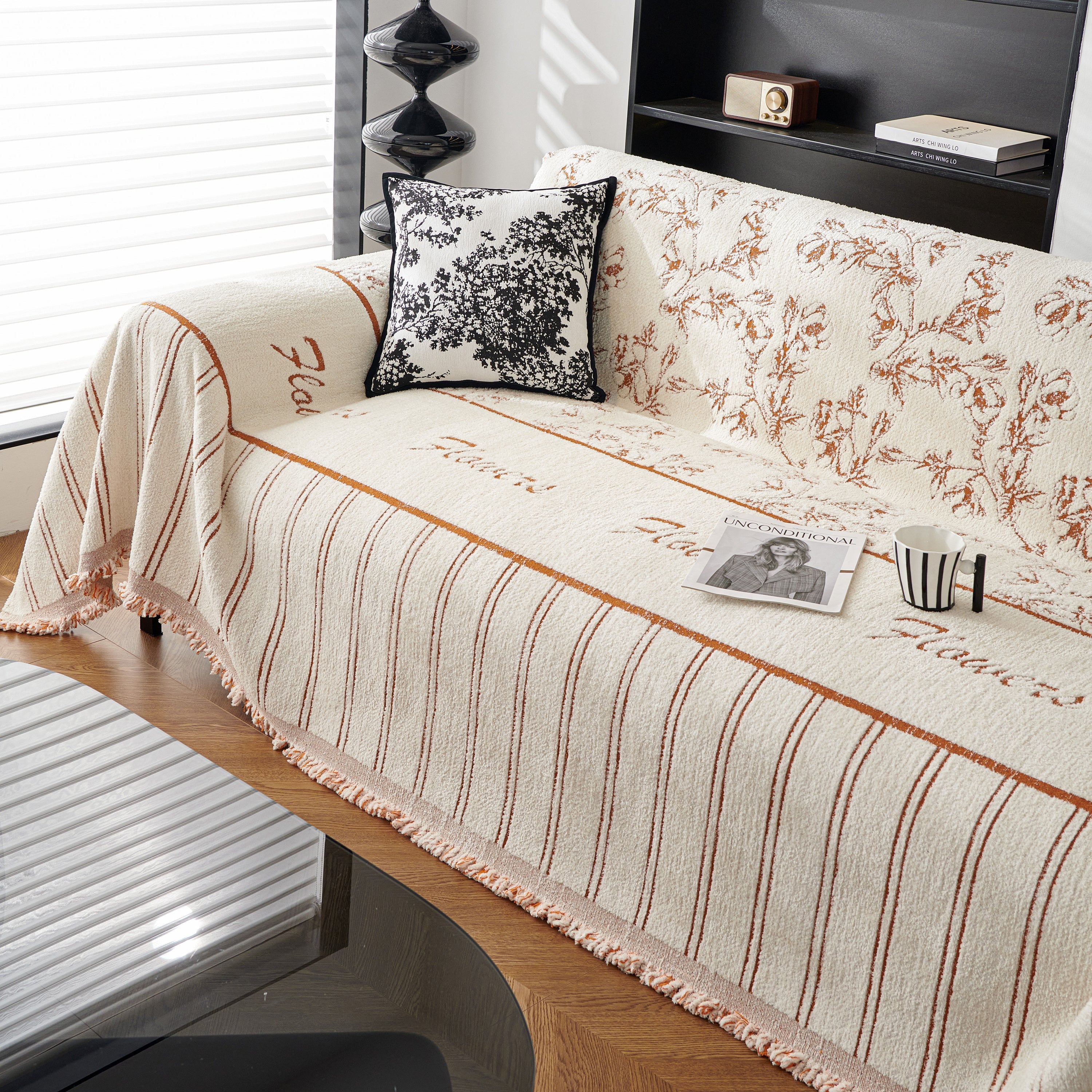 Chenille Striped Floral Couch Cover Sofa Slipcover for Most Shape Sofas, Reversible Sofa Throw Cover