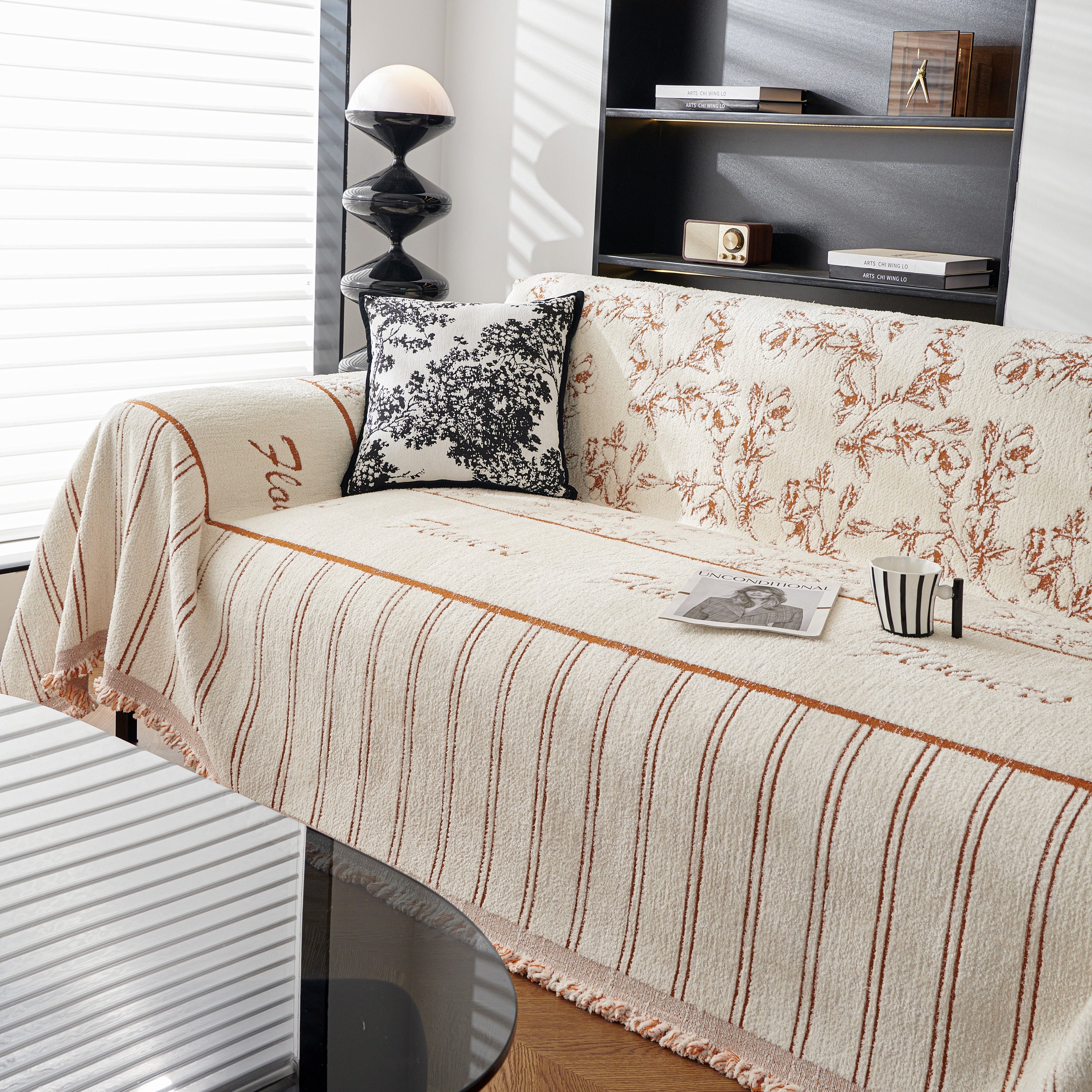 Chenille Striped Floral Couch Cover Sofa Slipcover for Most Shape Sofas, Reversible Sofa Throw Cover