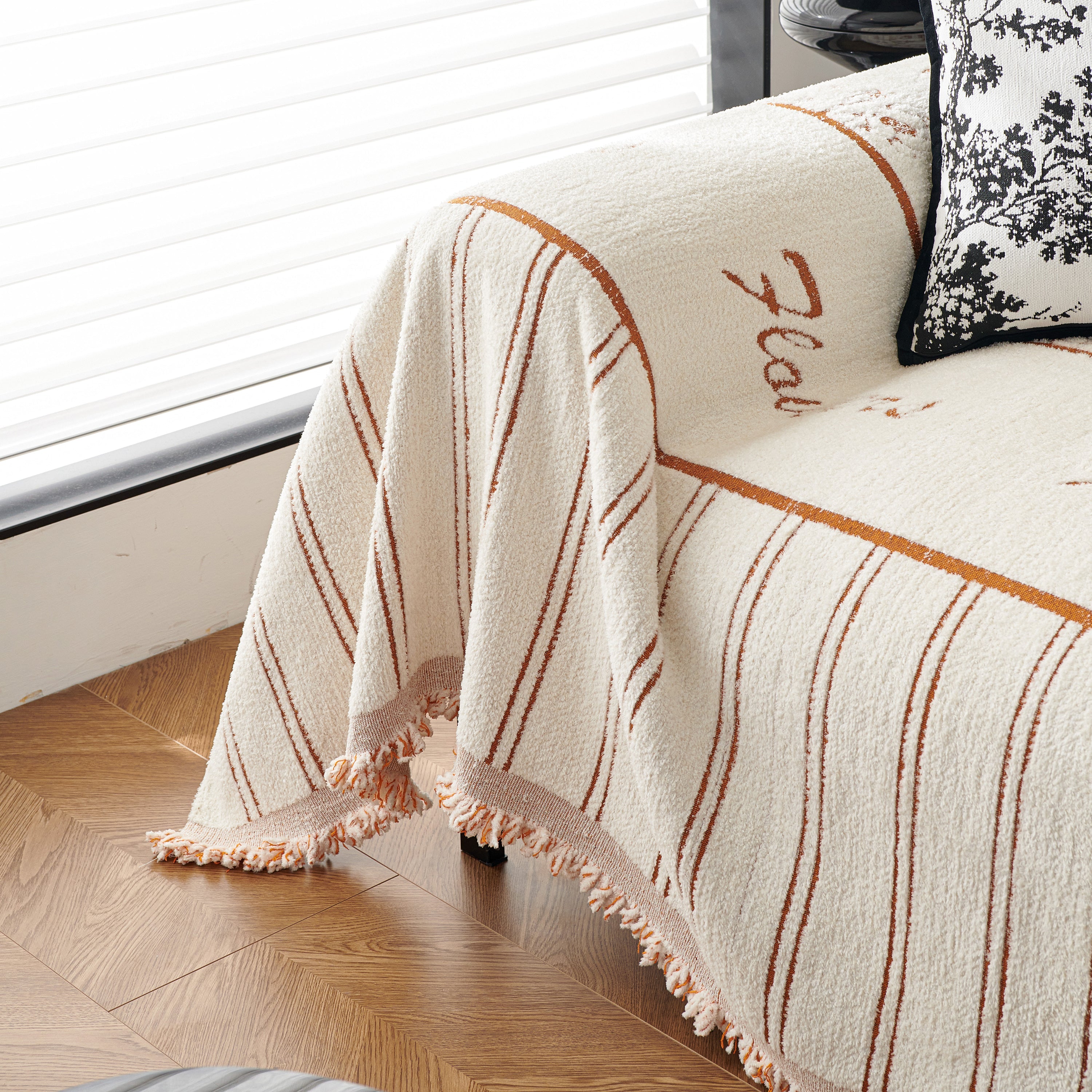 Chenille Striped Floral Couch Cover Sofa Slipcover for Most Shape Sofas, Reversible Sofa Throw Cover