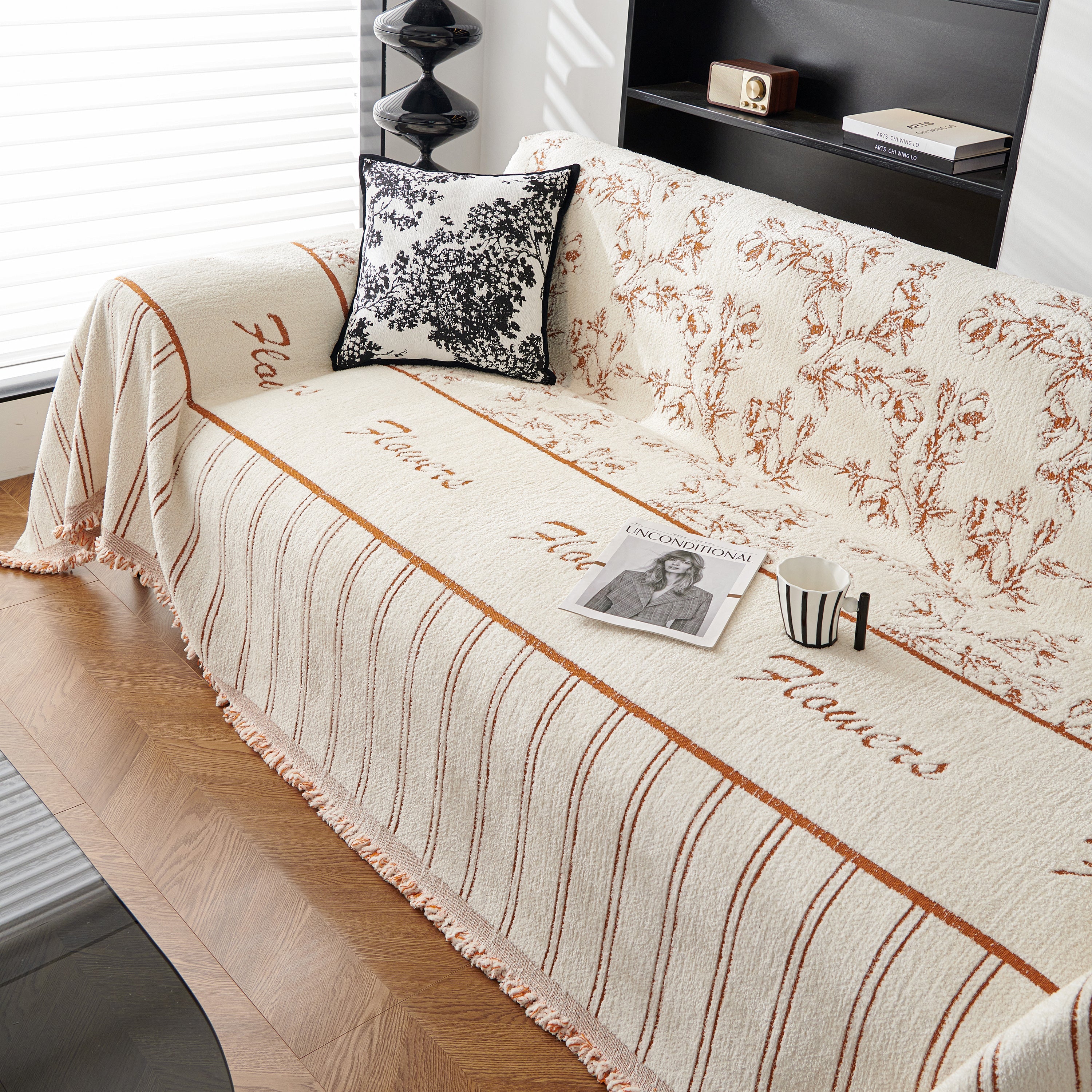 Chenille Striped Floral Couch Cover Sofa Slipcover for Most Shape Sofas, Reversible Sofa Throw Cover