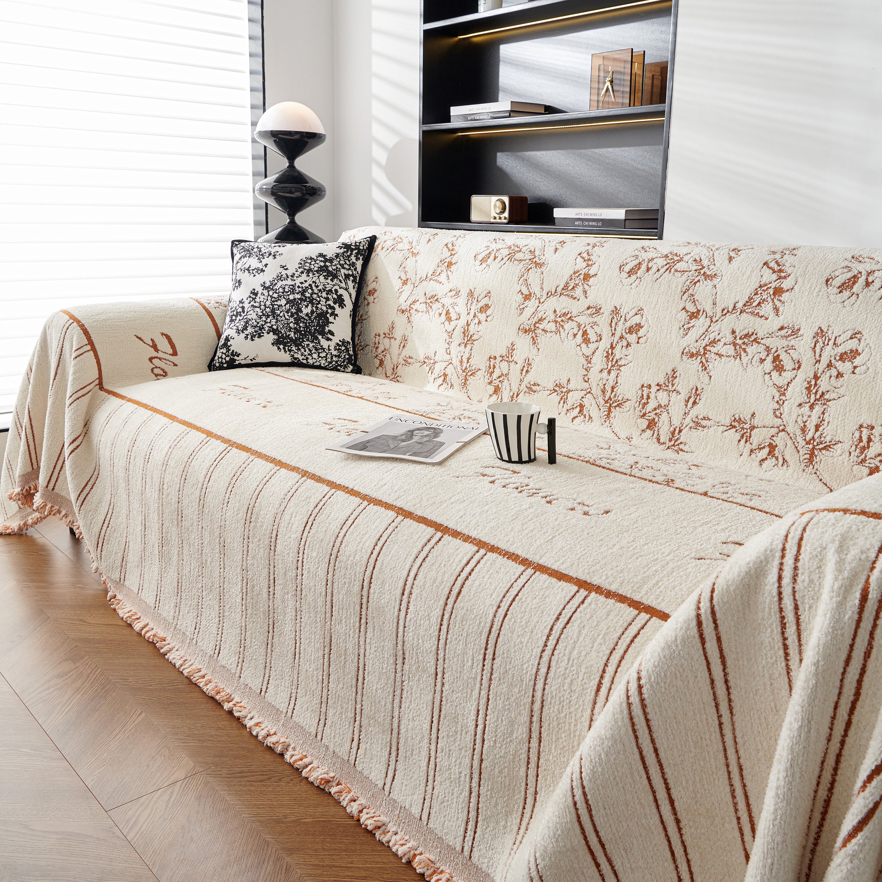 Chenille Striped Floral Couch Cover Sofa Slipcover for Most Shape Sofas, Reversible Sofa Throw Cover