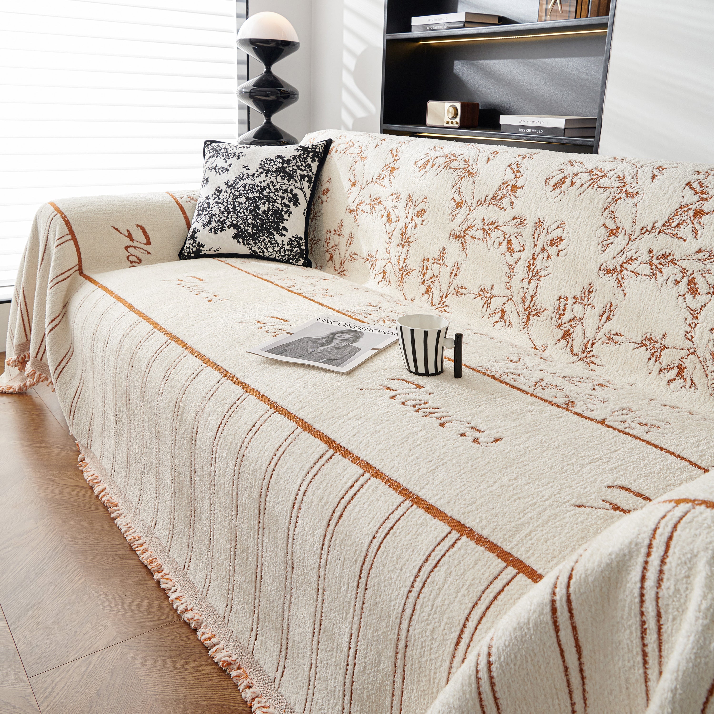 Chenille Striped Floral Couch Cover Sofa Slipcover for Most Shape Sofas, Reversible Sofa Throw Cover