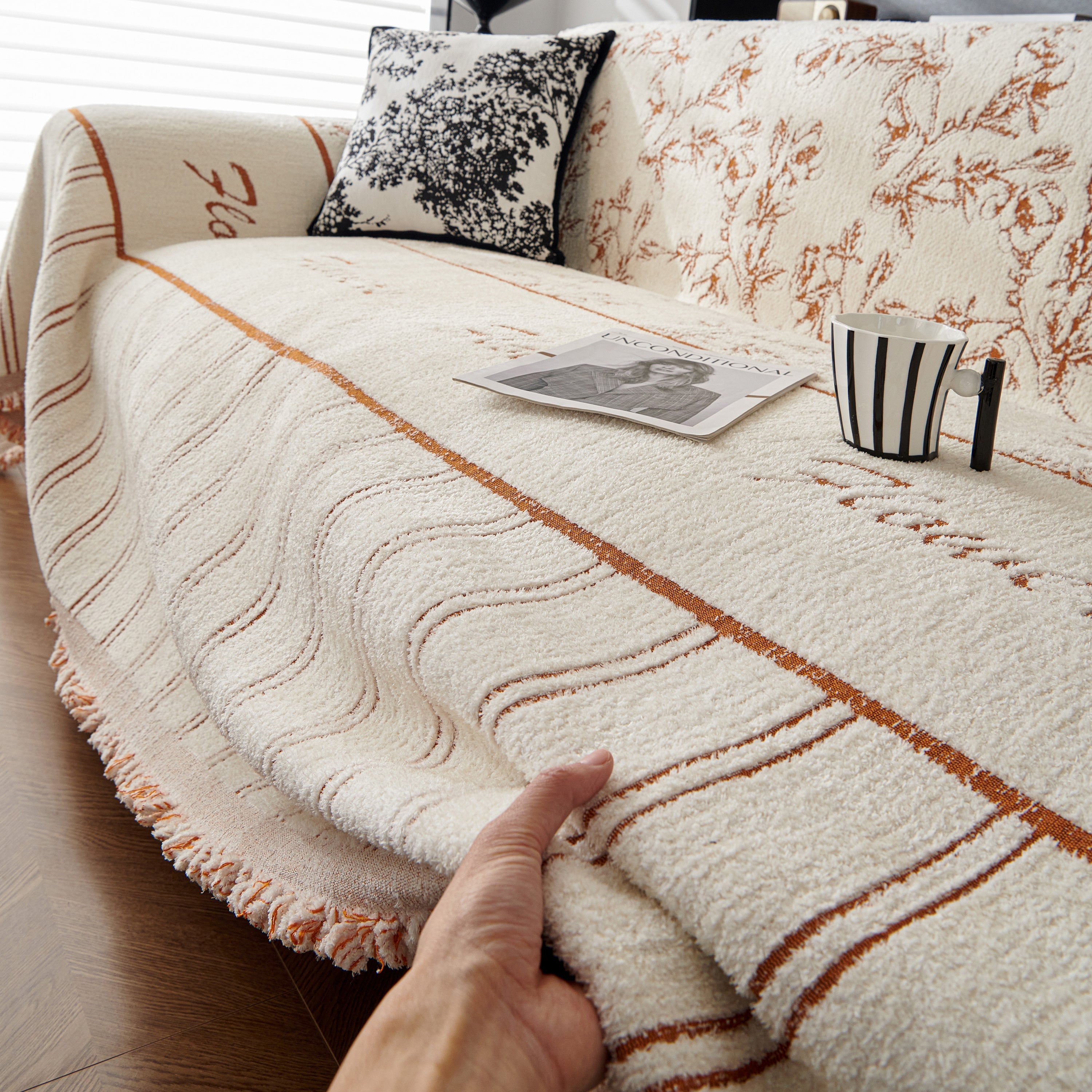 Chenille Striped Floral Couch Cover Sofa Slipcover for Most Shape Sofas, Reversible Sofa Throw Cover