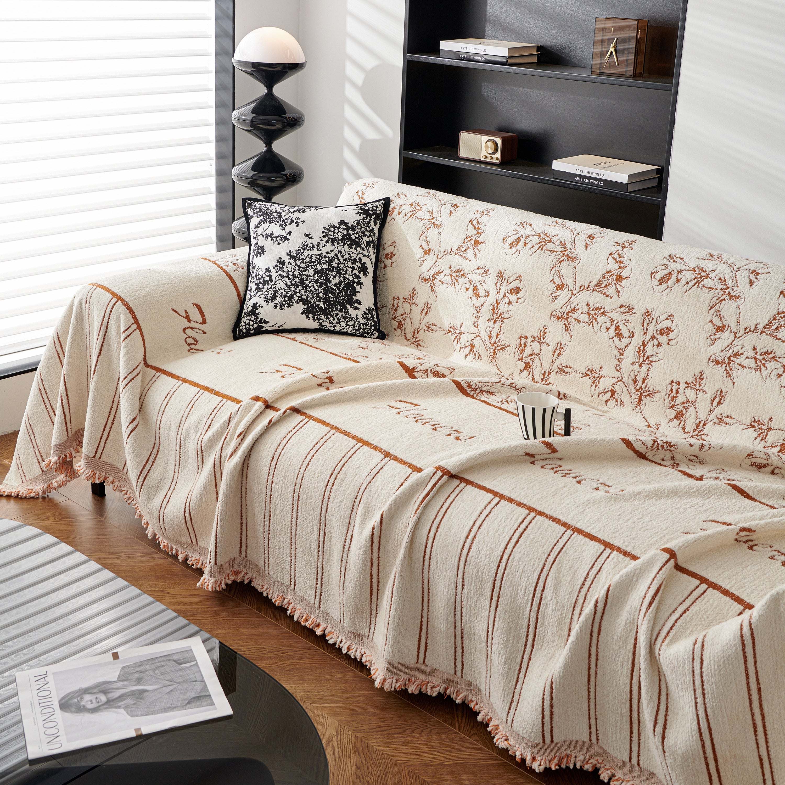 Chenille Striped Floral Couch Cover Sofa Slipcover for Most Shape Sofas, Reversible Sofa Throw Cover
