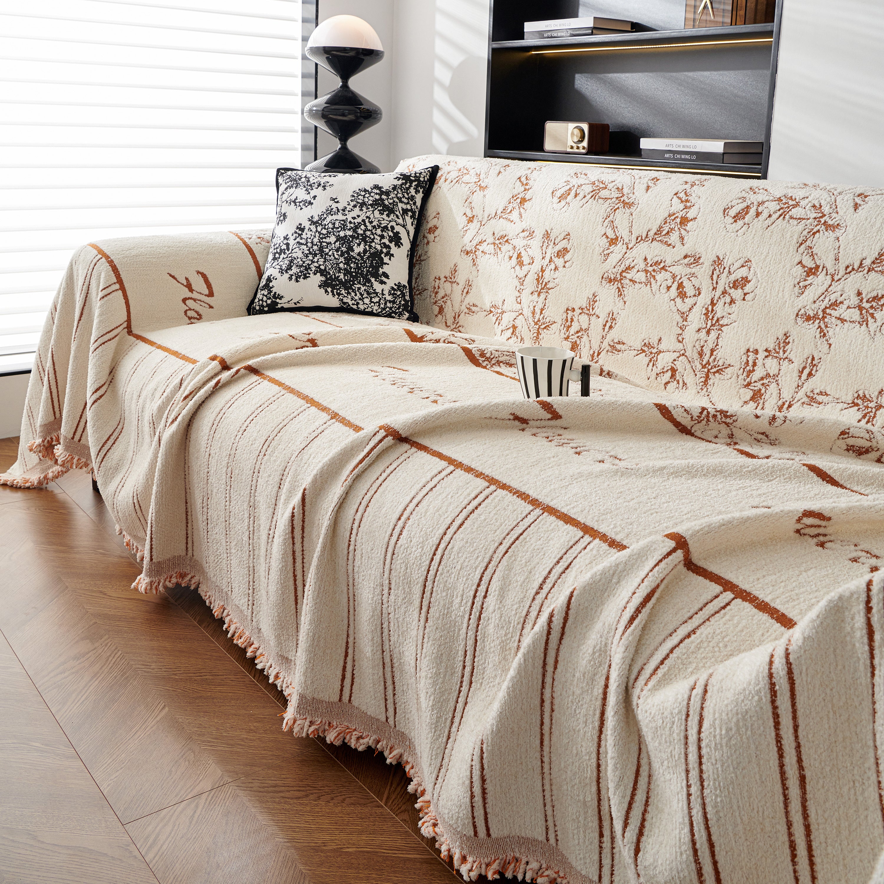 Chenille Striped Floral Couch Cover Sofa Slipcover for Most Shape Sofas, Reversible Sofa Throw Cover