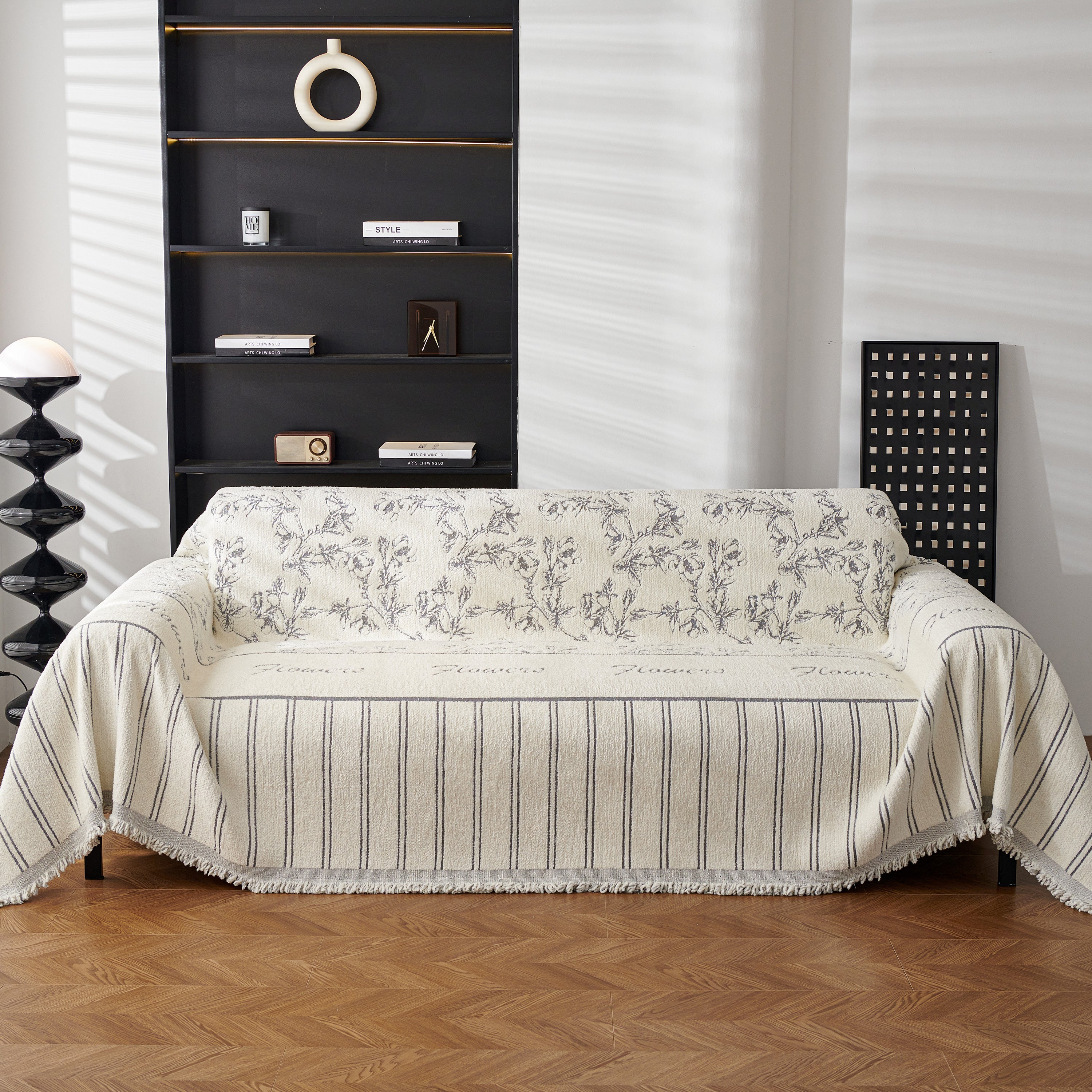 Chenille Striped Floral Couch Cover Sofa Slipcover for Most Shape Sofas, Reversible Sofa Throw Cover
