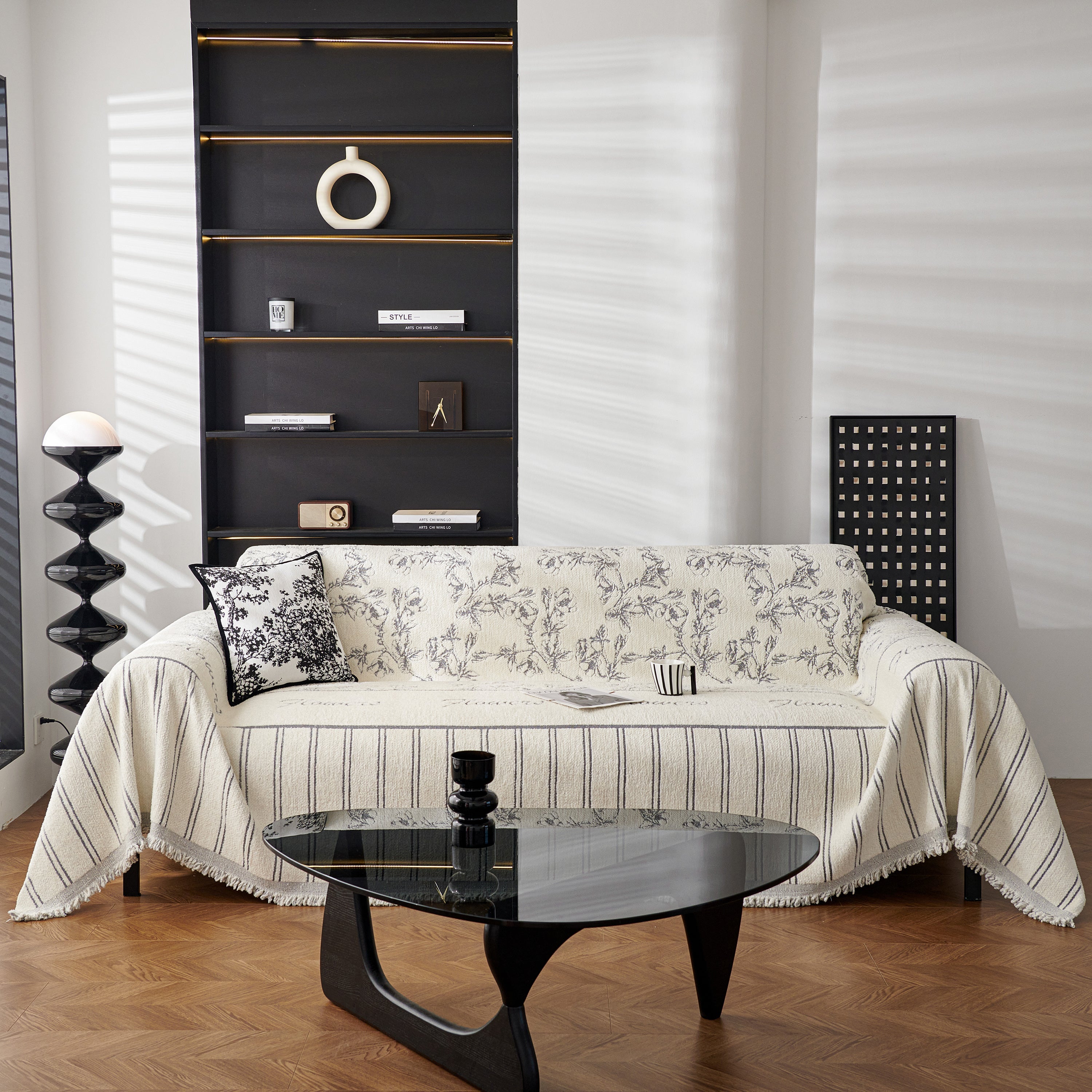 Chenille Striped Floral Couch Cover Sofa Slipcover for Most Shape Sofas, Reversible Sofa Throw Cover