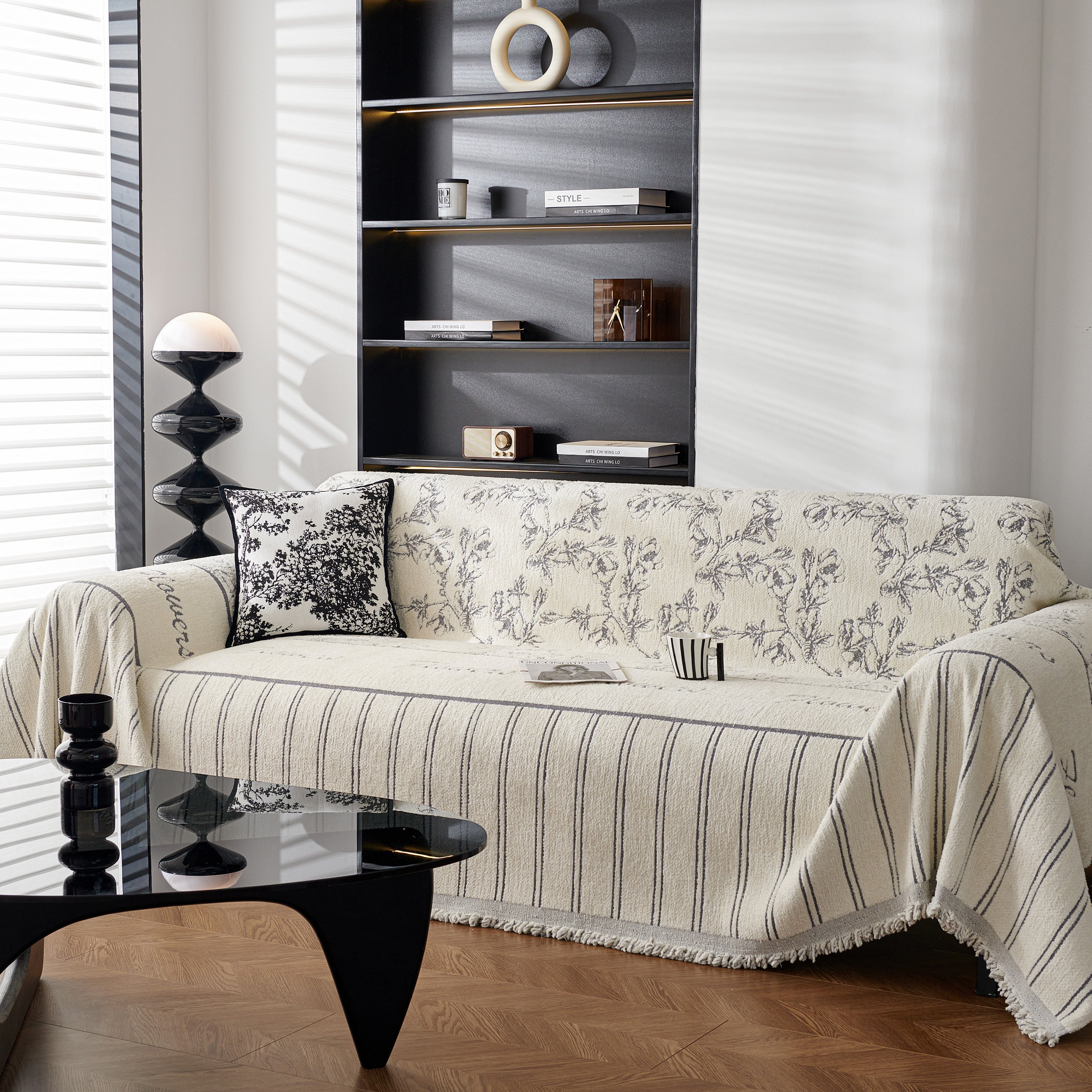 Chenille Striped Floral Couch Cover Sofa Slipcover for Most Shape Sofas, Reversible Sofa Throw Cover