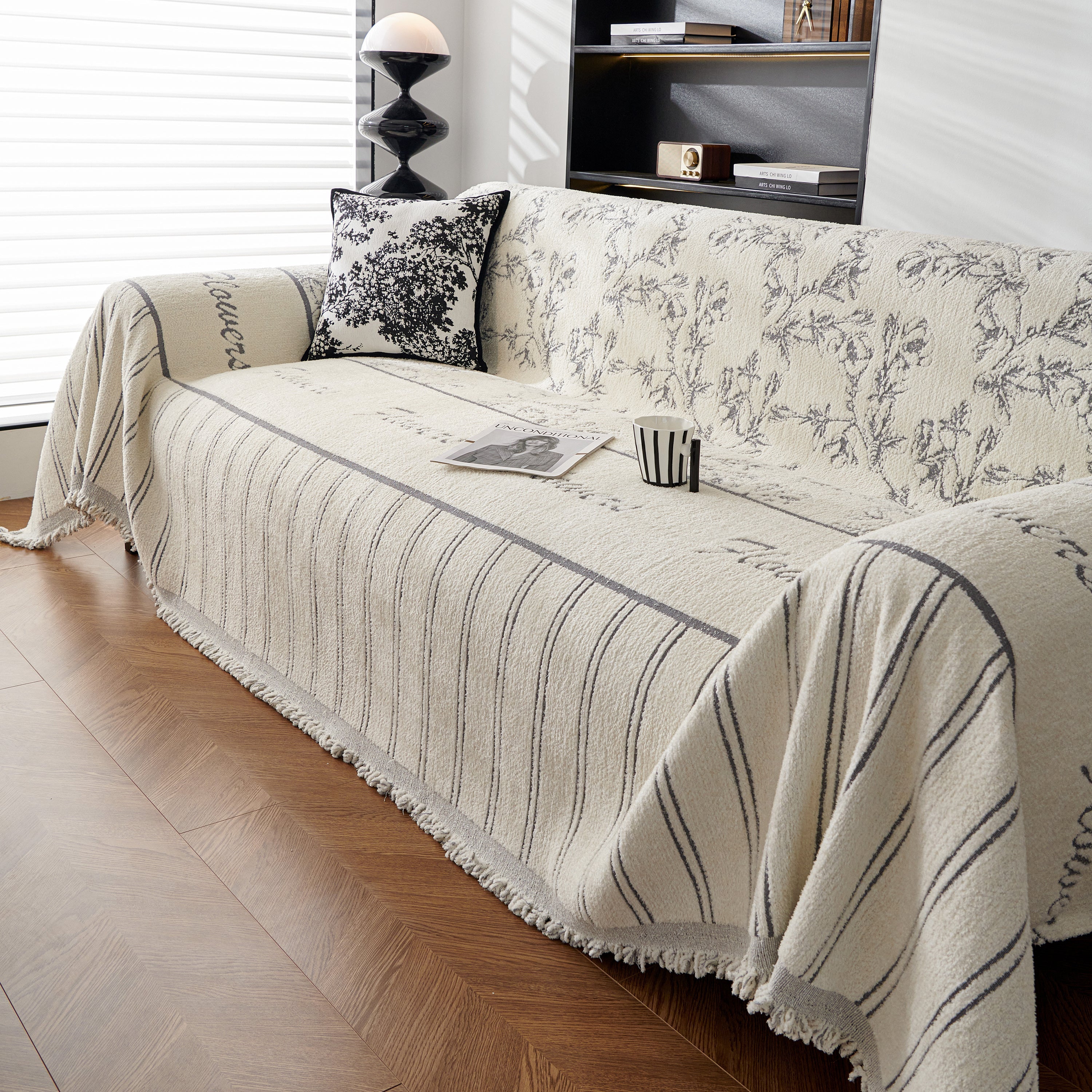 Chenille Striped Floral Couch Cover Sofa Slipcover for Most Shape Sofas, Reversible Sofa Throw Cover