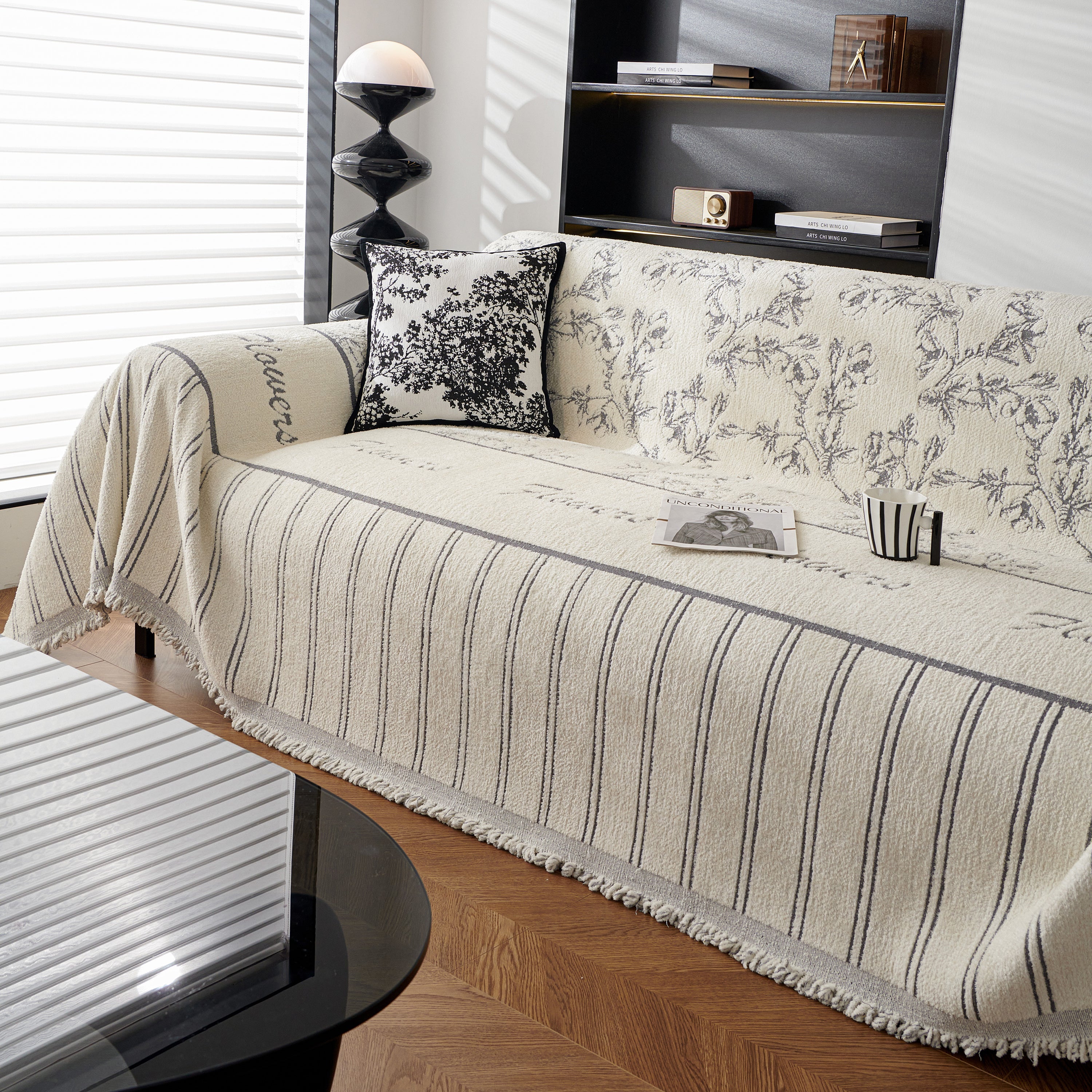 Chenille Striped Floral Couch Cover Sofa Slipcover for Most Shape Sofas, Reversible Sofa Throw Cover