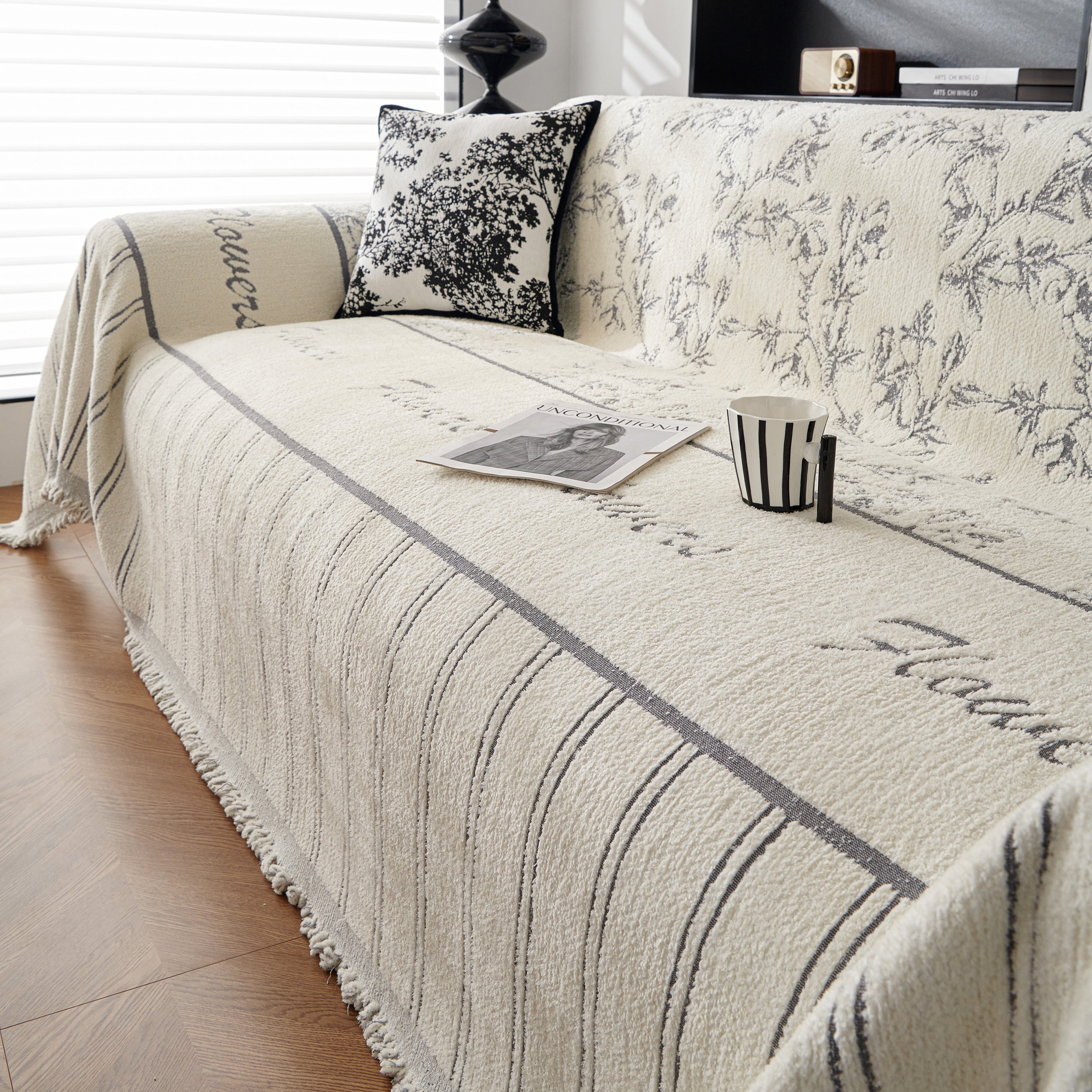 Chenille Striped Floral Couch Cover Sofa Slipcover for Most Shape Sofas, Reversible Sofa Throw Cover