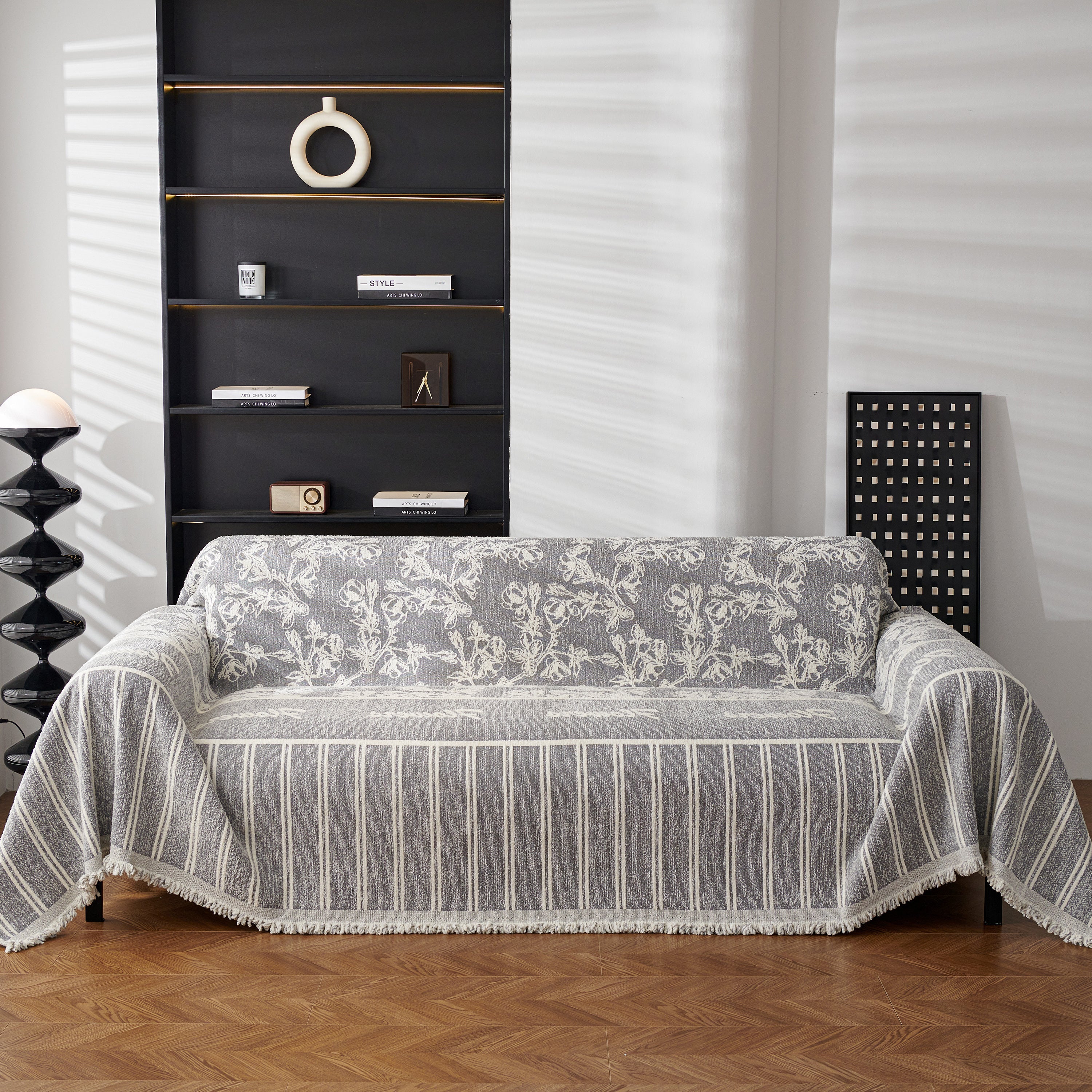 Chenille Striped Floral Couch Cover Sofa Slipcover for Most Shape Sofas, Reversible Sofa Throw Cover