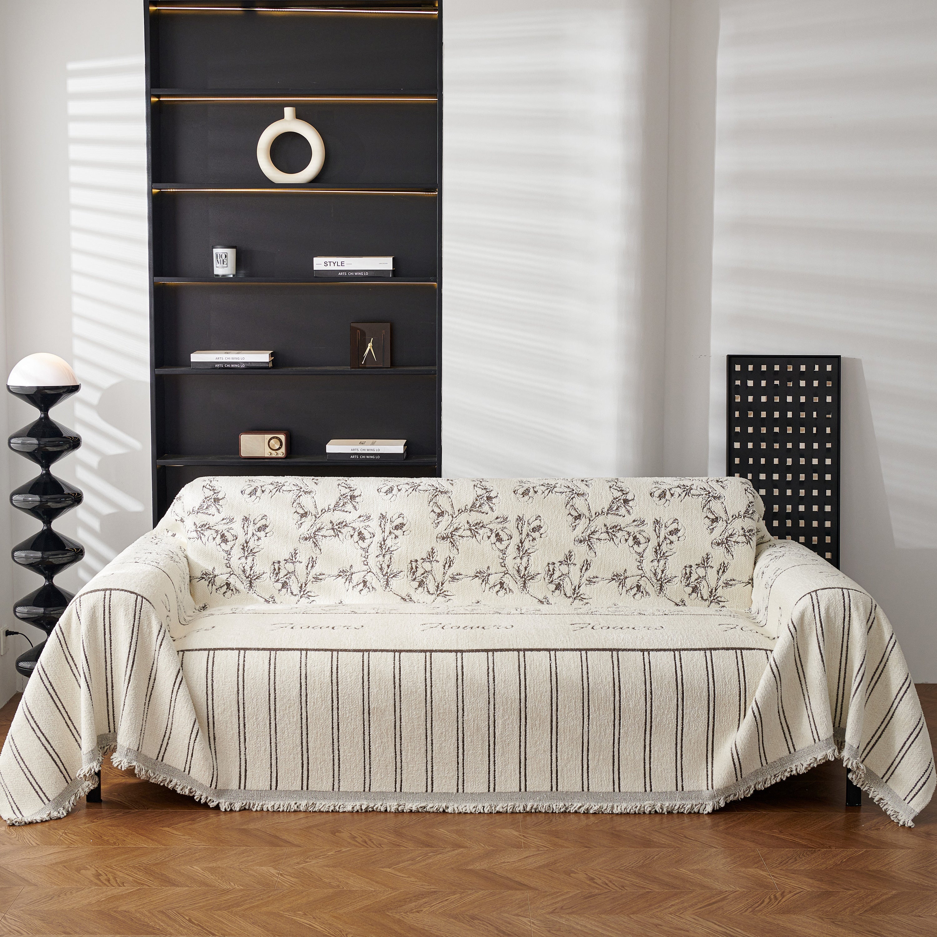 Chenille Striped Floral Couch Cover Sofa Slipcover for Most Shape Sofas, Reversible Sofa Throw Cover