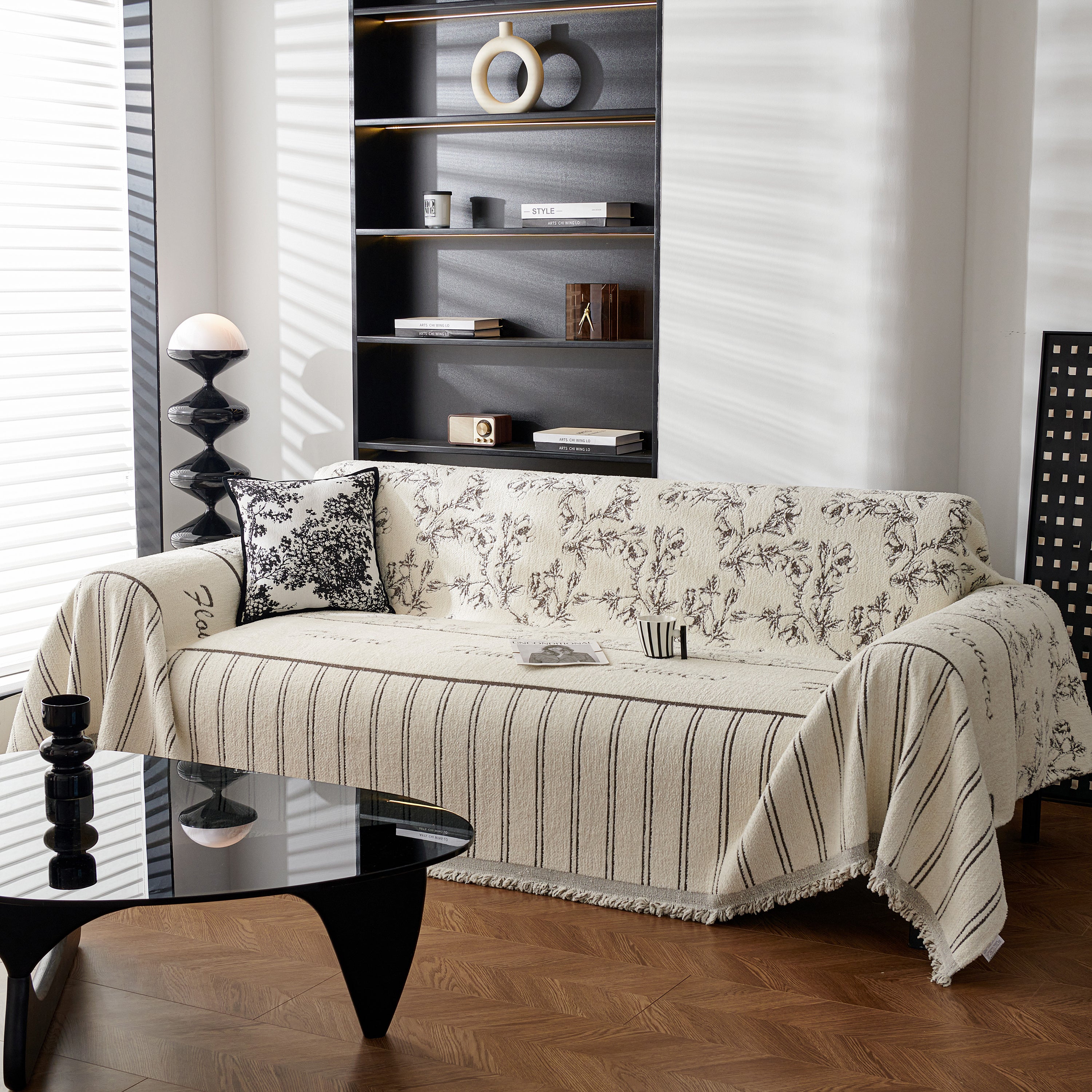 Chenille Striped Floral Couch Cover Sofa Slipcover for Most Shape Sofas, Reversible Sofa Throw Cover