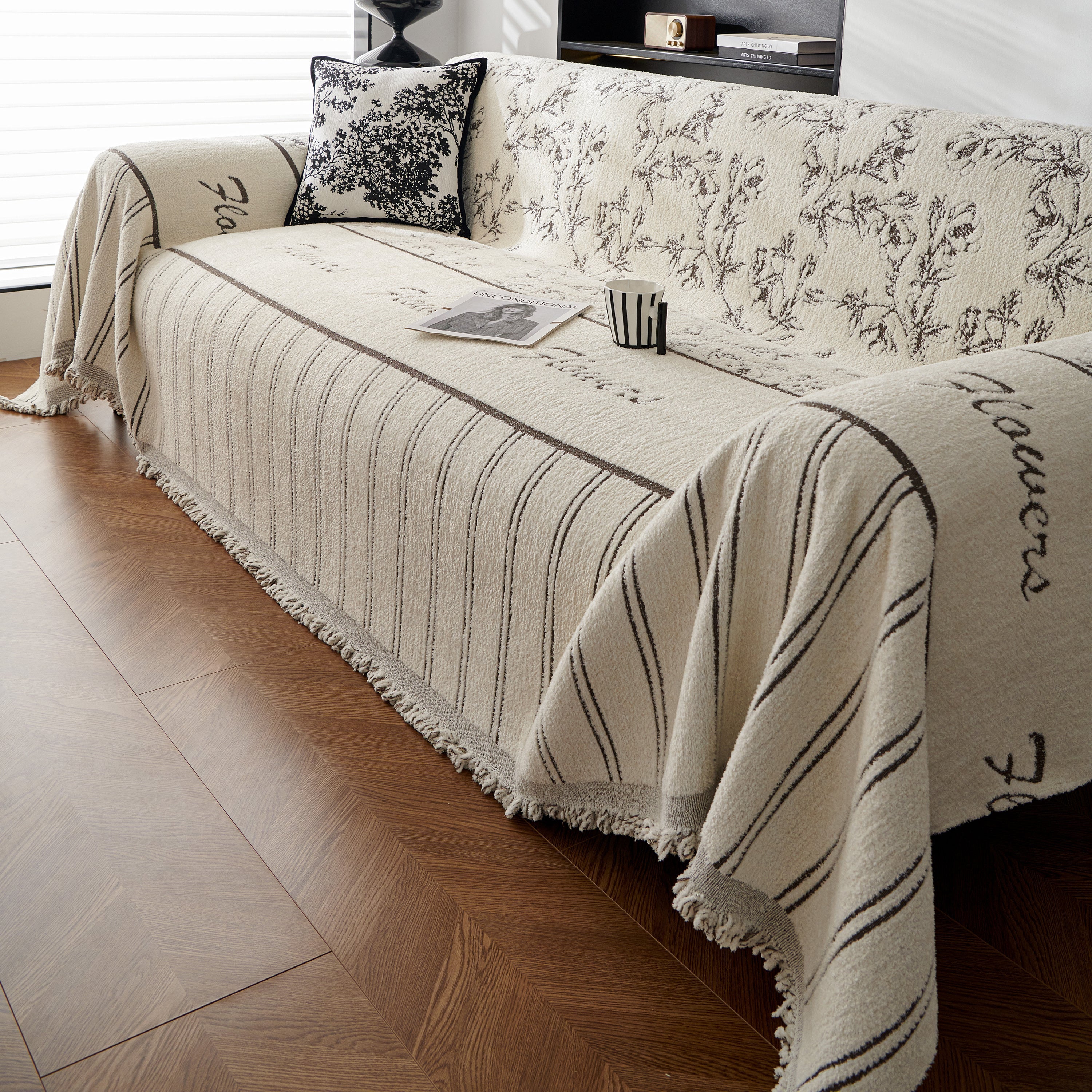 Chenille Striped Floral Couch Cover Sofa Slipcover for Most Shape Sofas, Reversible Sofa Throw Cover