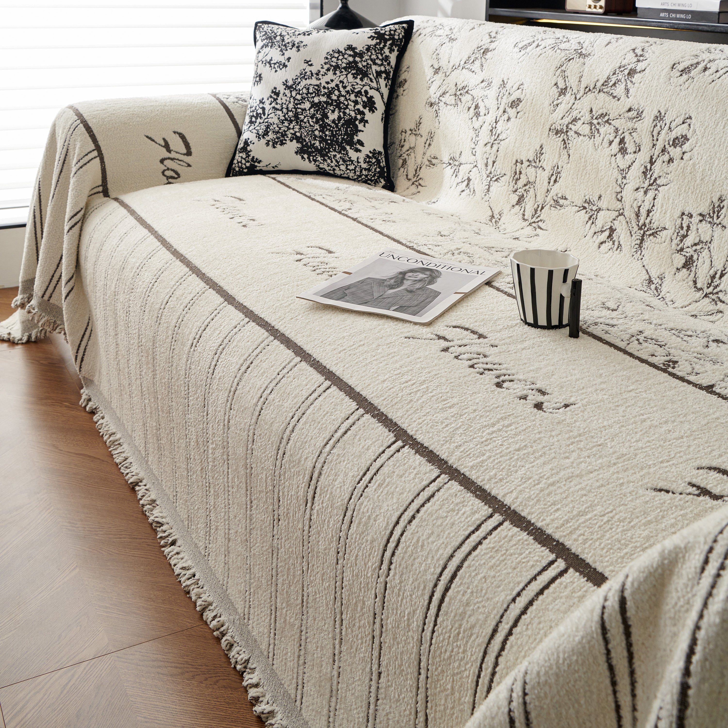 Chenille Striped Floral Couch Cover Sofa Slipcover for Most Shape Sofas, Reversible Sofa Throw Cover