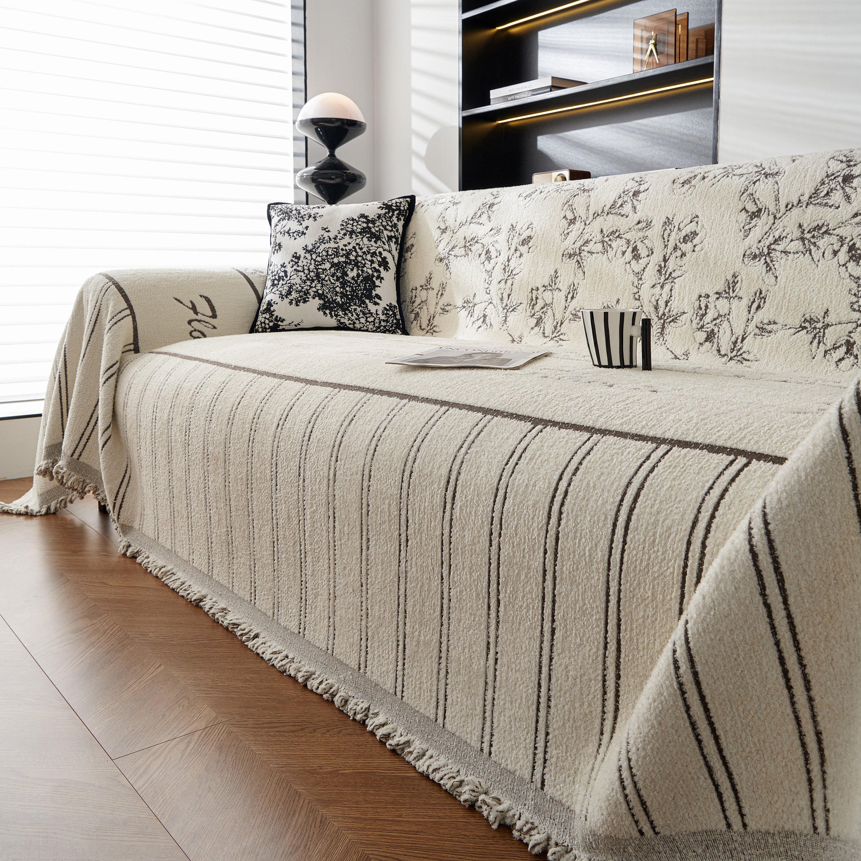 Chenille Striped Floral Couch Cover Sofa Slipcover for Most Shape Sofas, Reversible Sofa Throw Cover