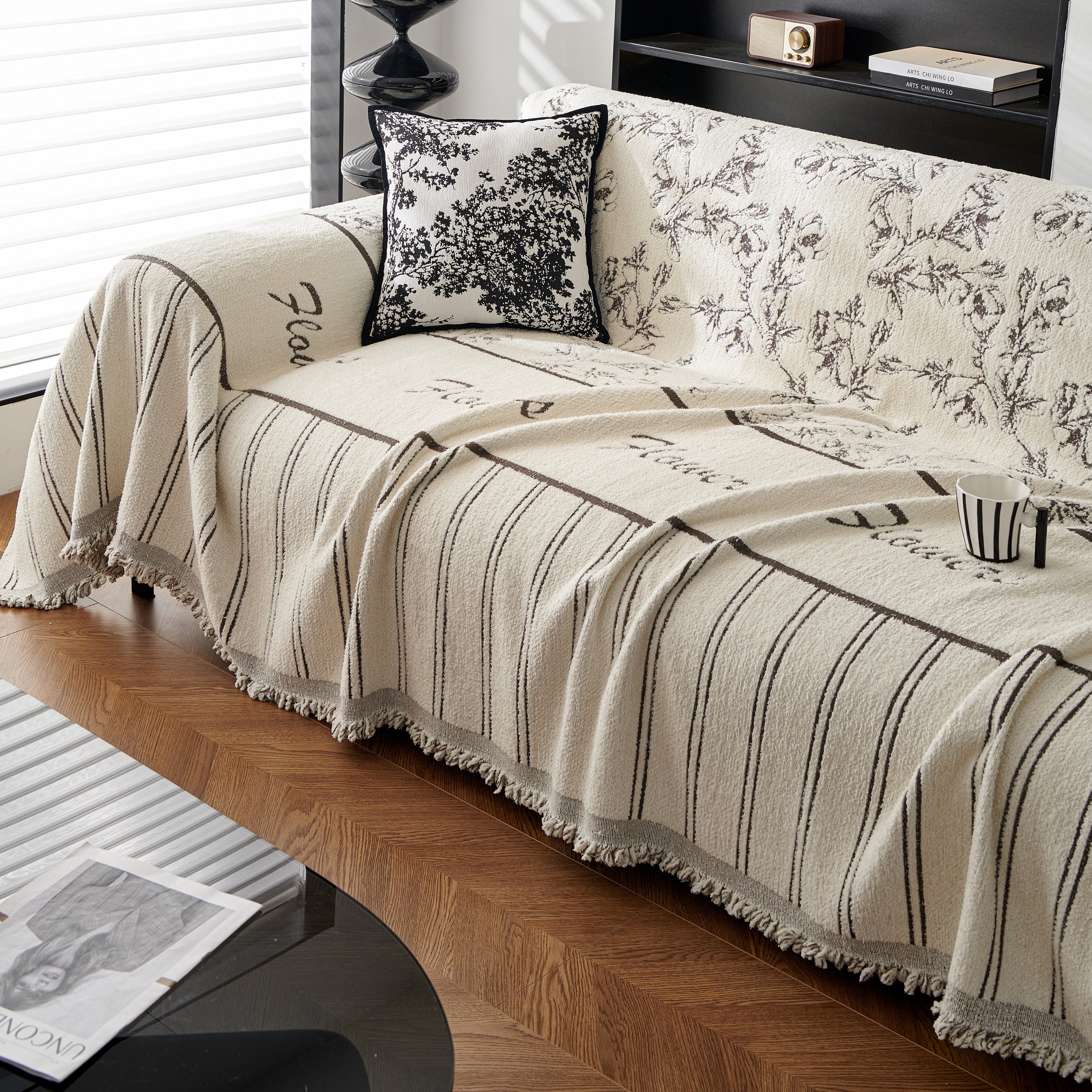 Chenille Striped Floral Couch Cover Sofa Slipcover for Most Shape Sofas, Reversible Sofa Throw Cover