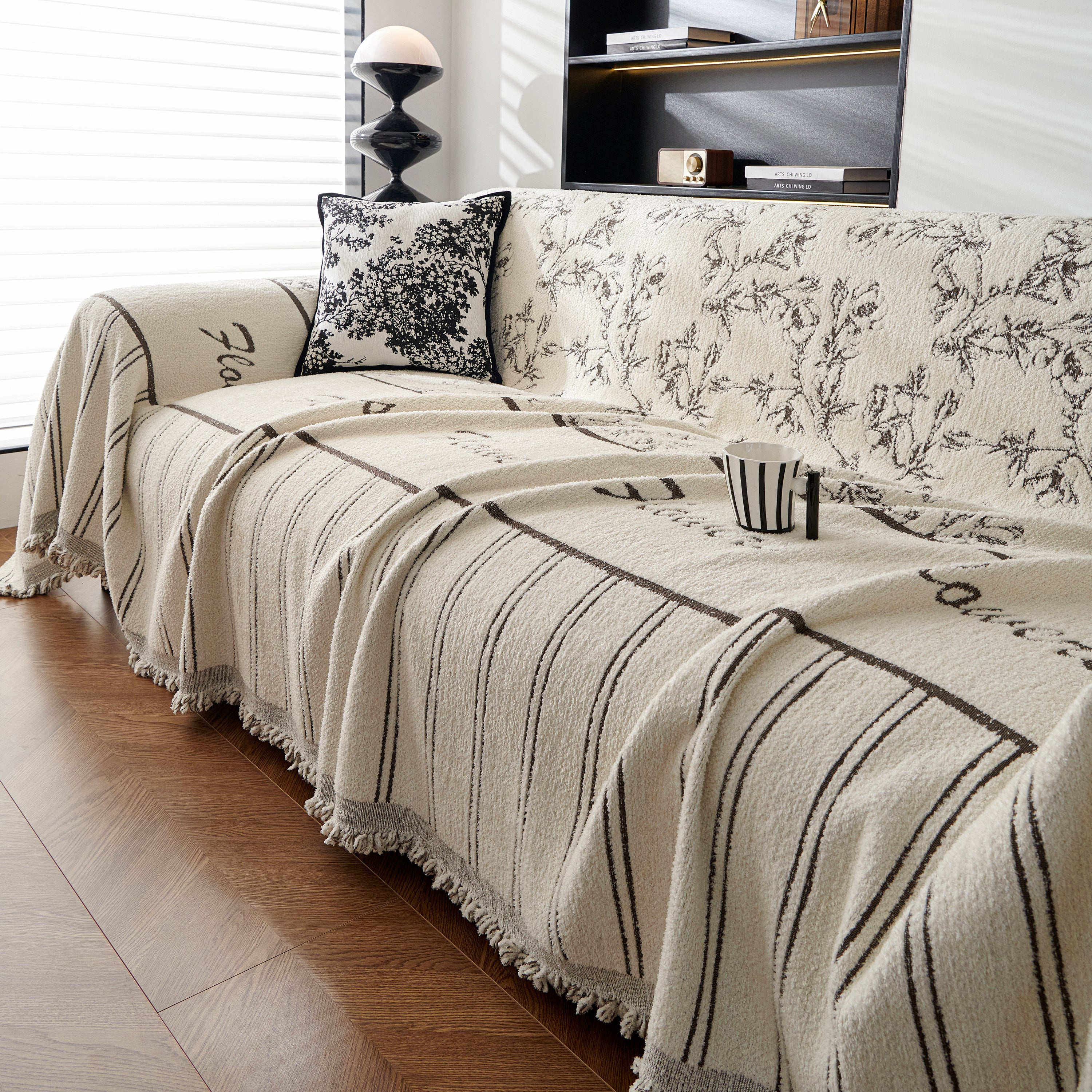 Chenille Striped Floral Couch Cover Sofa Slipcover for Most Shape Sofas, Reversible Sofa Throw Cover
