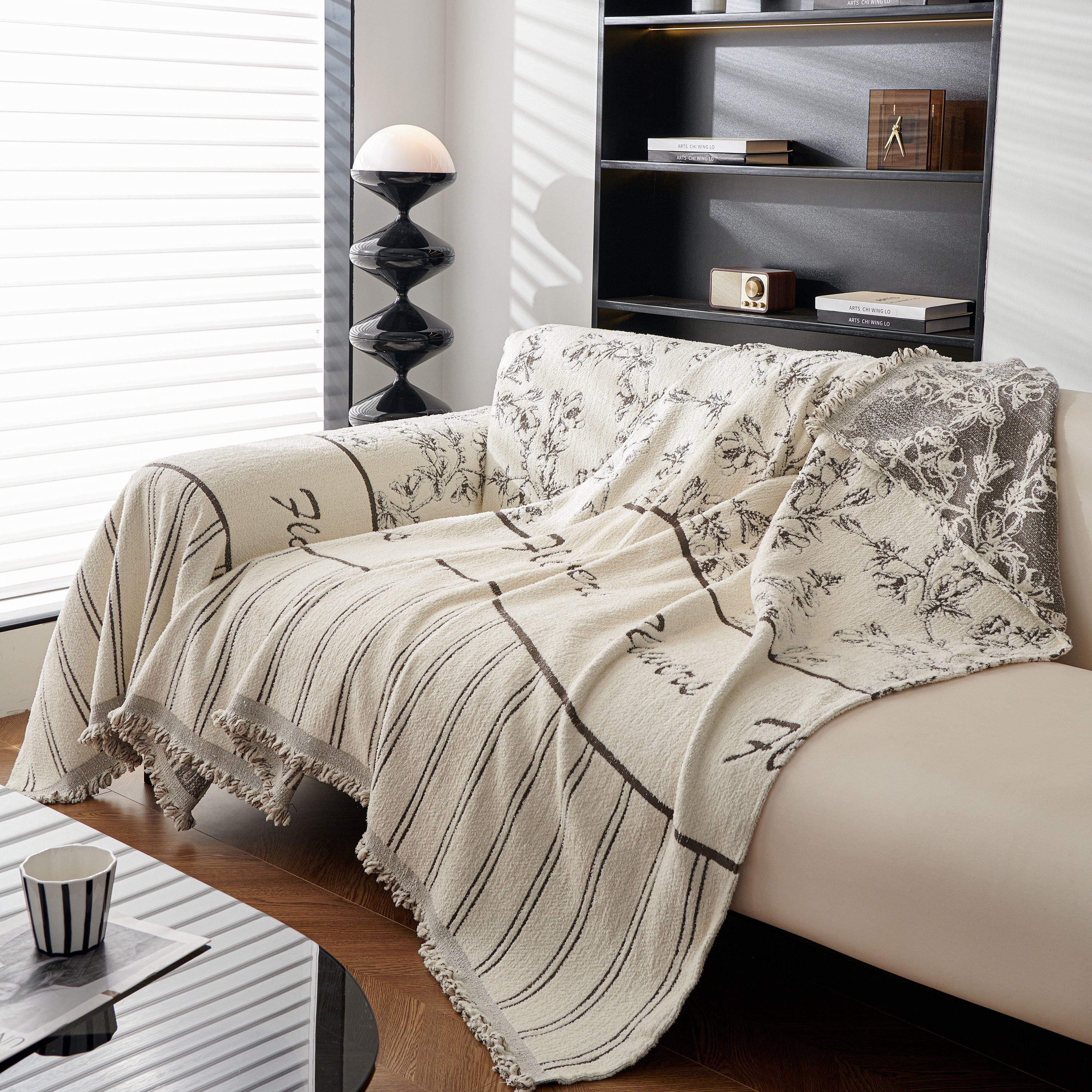 Chenille Striped Floral Couch Cover Sofa Slipcover for Most Shape Sofas, Reversible Sofa Throw Cover